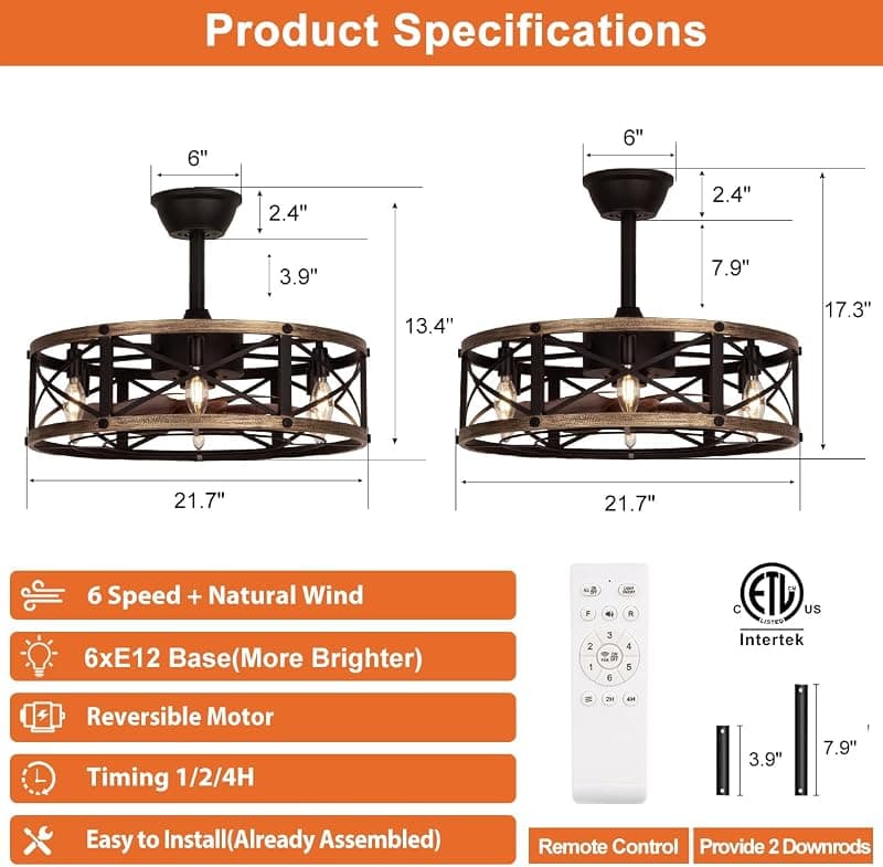 SHLUCE 22 Inch Farmhouse Fandelier Ceiling Fan with Integrated Light Fixture, Remote Control Operation, ETL Listed Safety and Rustic Home Decor Style — 2 of 5