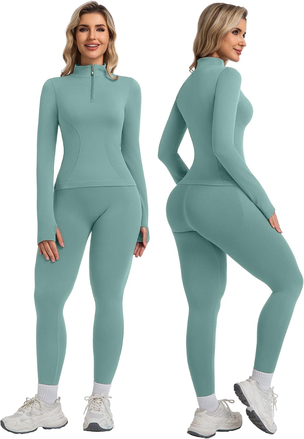 Womens 2-Piece Workout Set with Quarter Zip Long Sleeve Pullover, High Waisted Compression Seamless Leggings, Moisture-Wicking Fabric and Thumb-Holes — 2 of 5