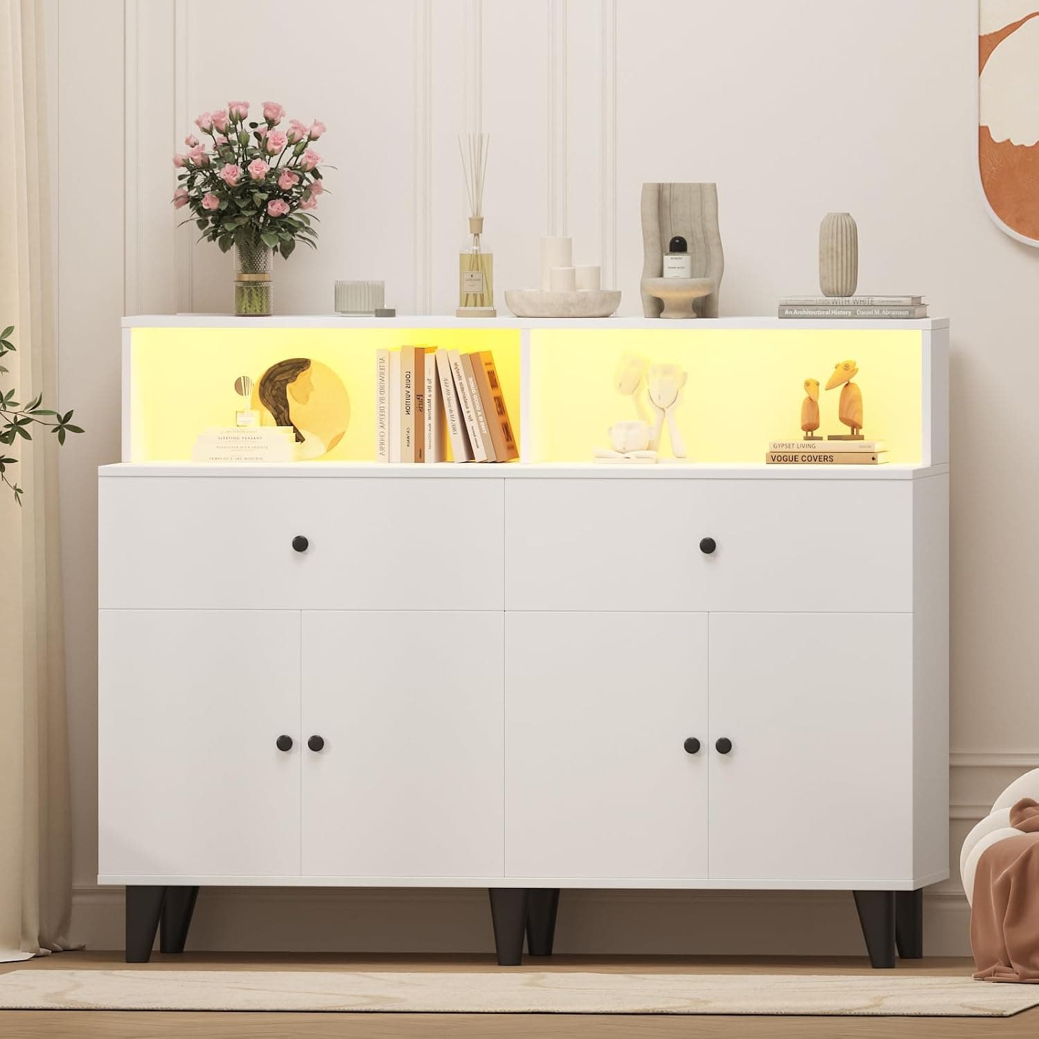 47.2 Inch TV Stand Cabinet with Built-In Power Outlets, LED Light, Drawers, Adjustable Shelves, and Storage Hutch for Living Room — 1 of 5