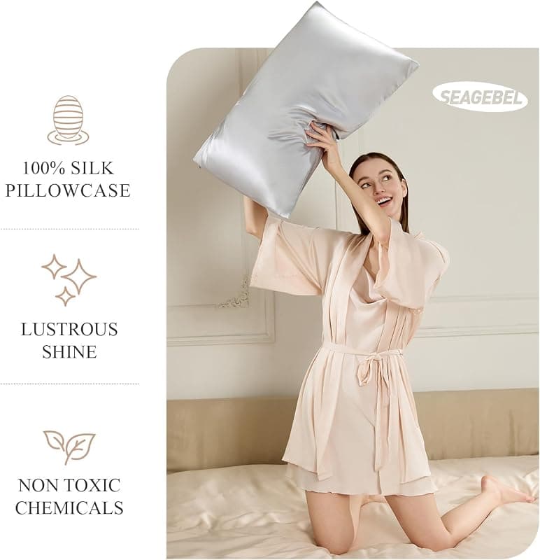 SEAGEBEL 100% Pure Mulberry Silk Pillowcase for Hair and Skin Health, Cooling Design with Zipper, Premium Grade 6A Silk, Standard 20x26 Inches, Gray — 3 of 5