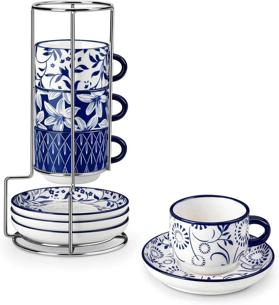 Vancasso 4-Pack 2.5 oz Espresso Cups and Saucers with Metal Stand, Stackable Design, Microwave-Safe Ceramic Porcelain and Classic Floral Pattern — 2 of 5