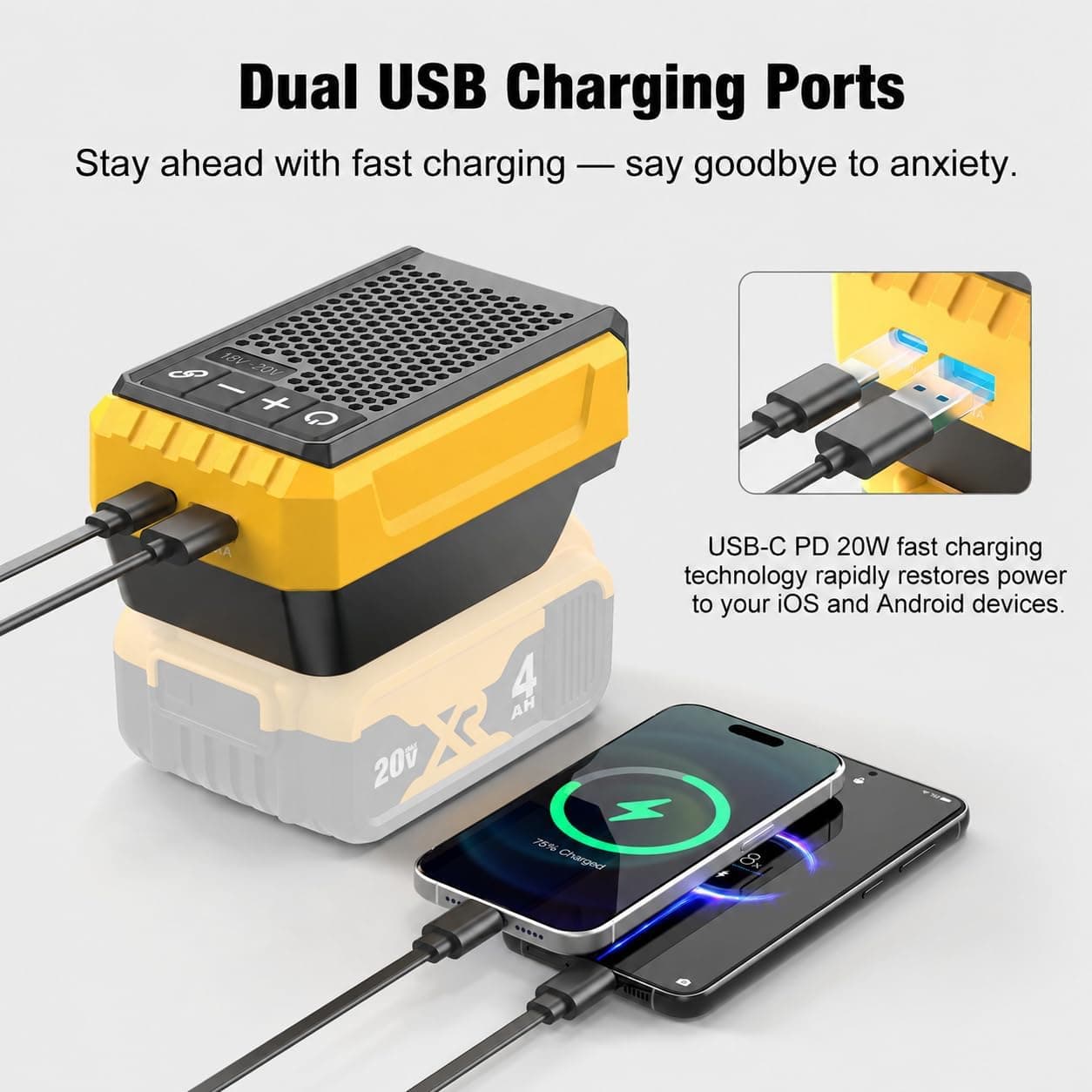 Portable Bluetooth Speaker Compatible with DEWALT 18V and 20V Batteries for Jobsite Wireless Music Streaming and Rugged Construction — 4 of 5