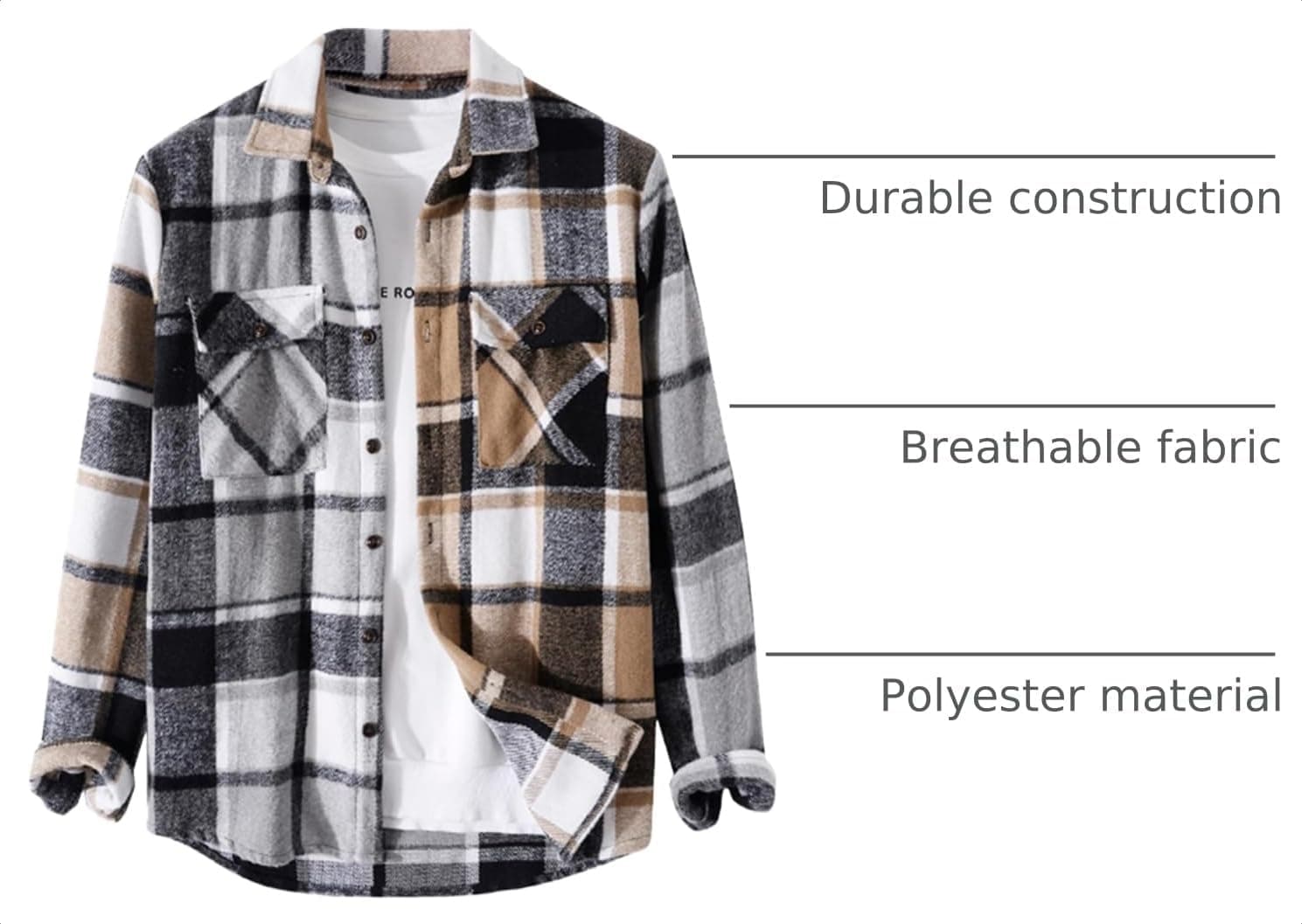 Plaid Flannel Shirt Jacket with Breathable Polyester Fabric, Contrasting Patchwork Print, Long Sleeves and Comfortable Fit for Casual Vacation Wear — 3 of 4