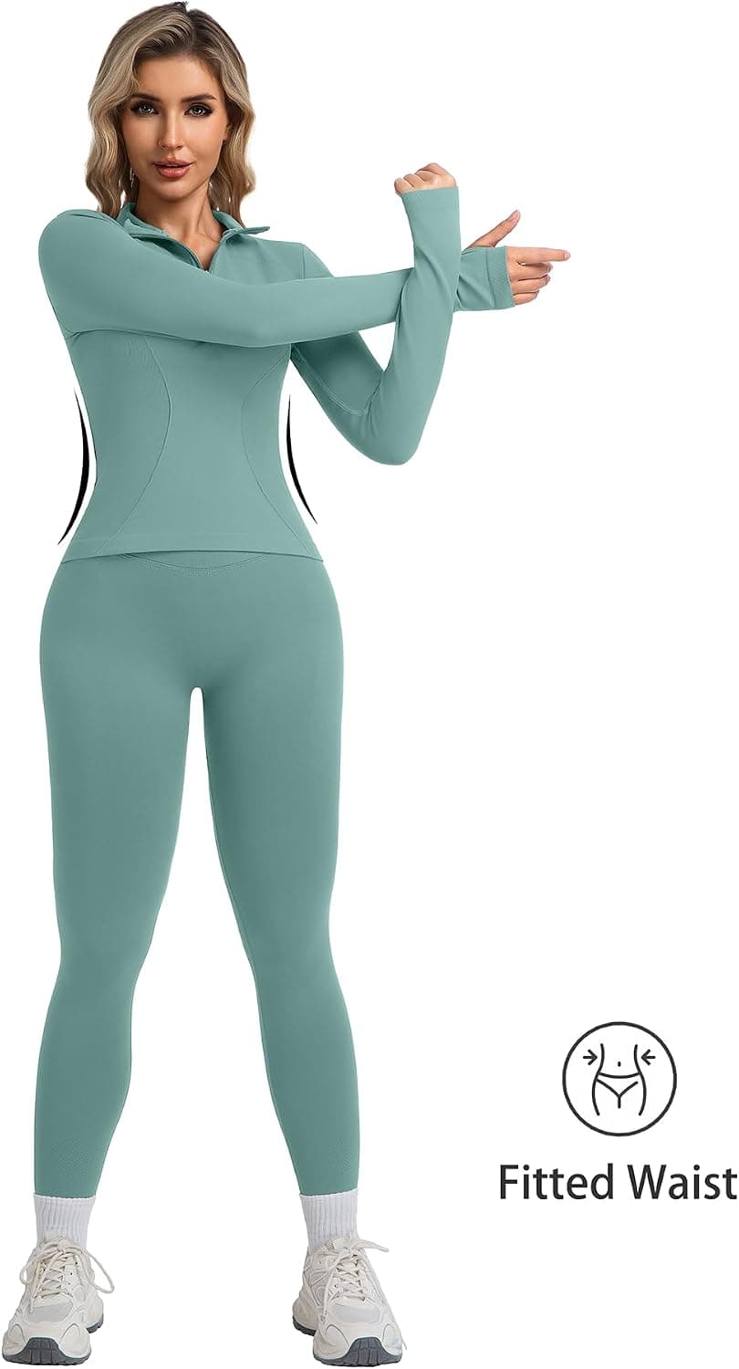 Womens 2-Piece Workout Set with Quarter Zip Long Sleeve Pullover, High Waisted Compression Seamless Leggings, Moisture-Wicking Fabric and Thumb-Holes — 3 of 5