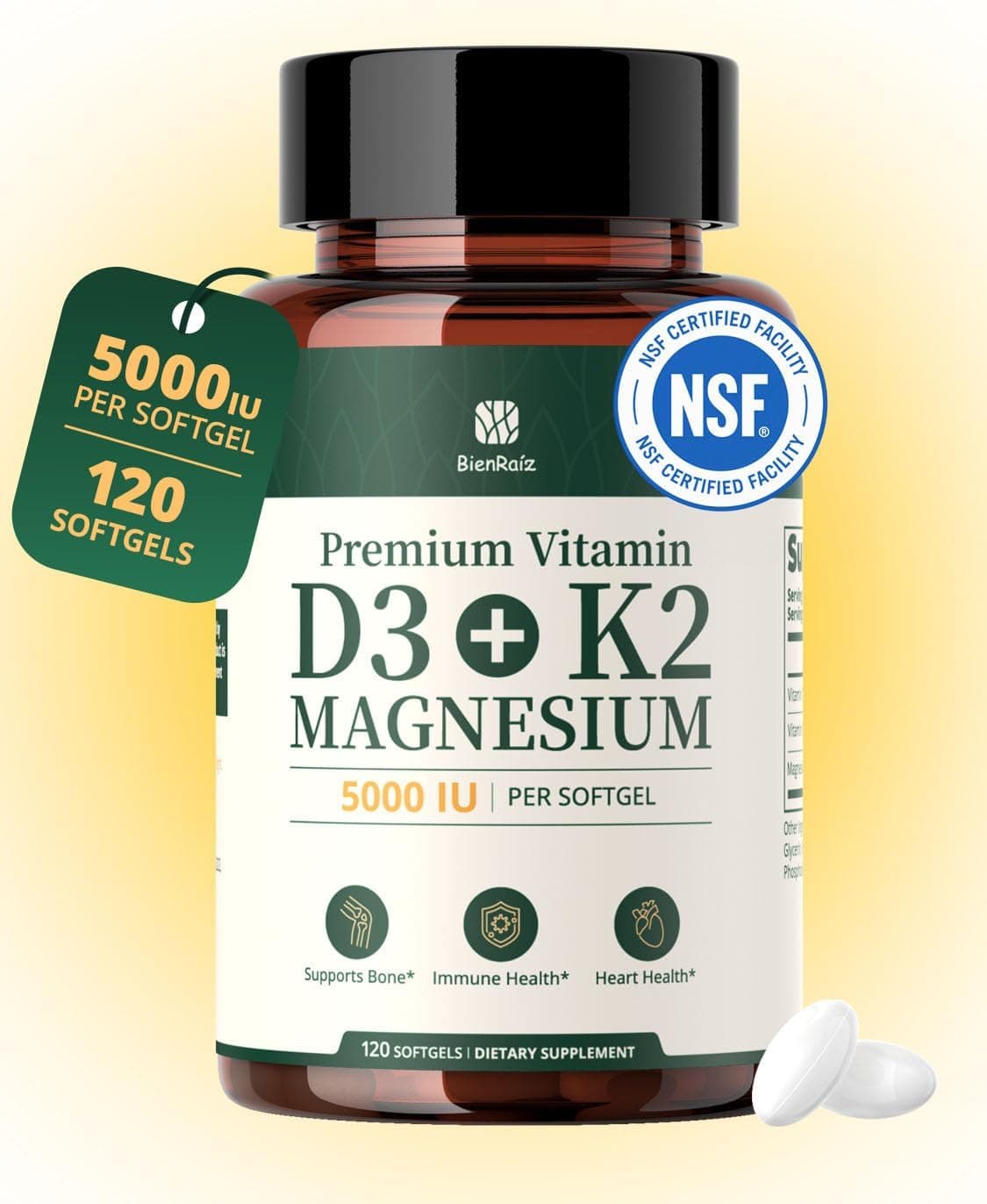 Vitamin D3 K2 Magnesium Glycinate Softgels Featuring High Potency Bone Support Formula, Essential Immune Defense Blend and Advanced Daily Wellness — 2 of 5