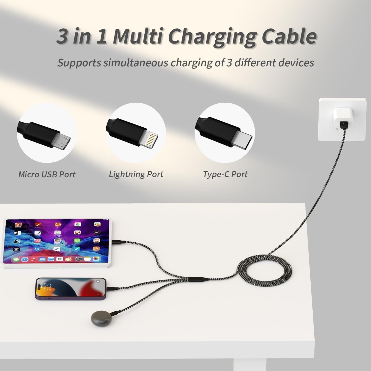 3-in-1 Multi Charging Cable 2 Pack 4ft with Durable Braided Nylon Cord, Fast Speed Universal Connectors, and Portable Travel Design — 4 of 5