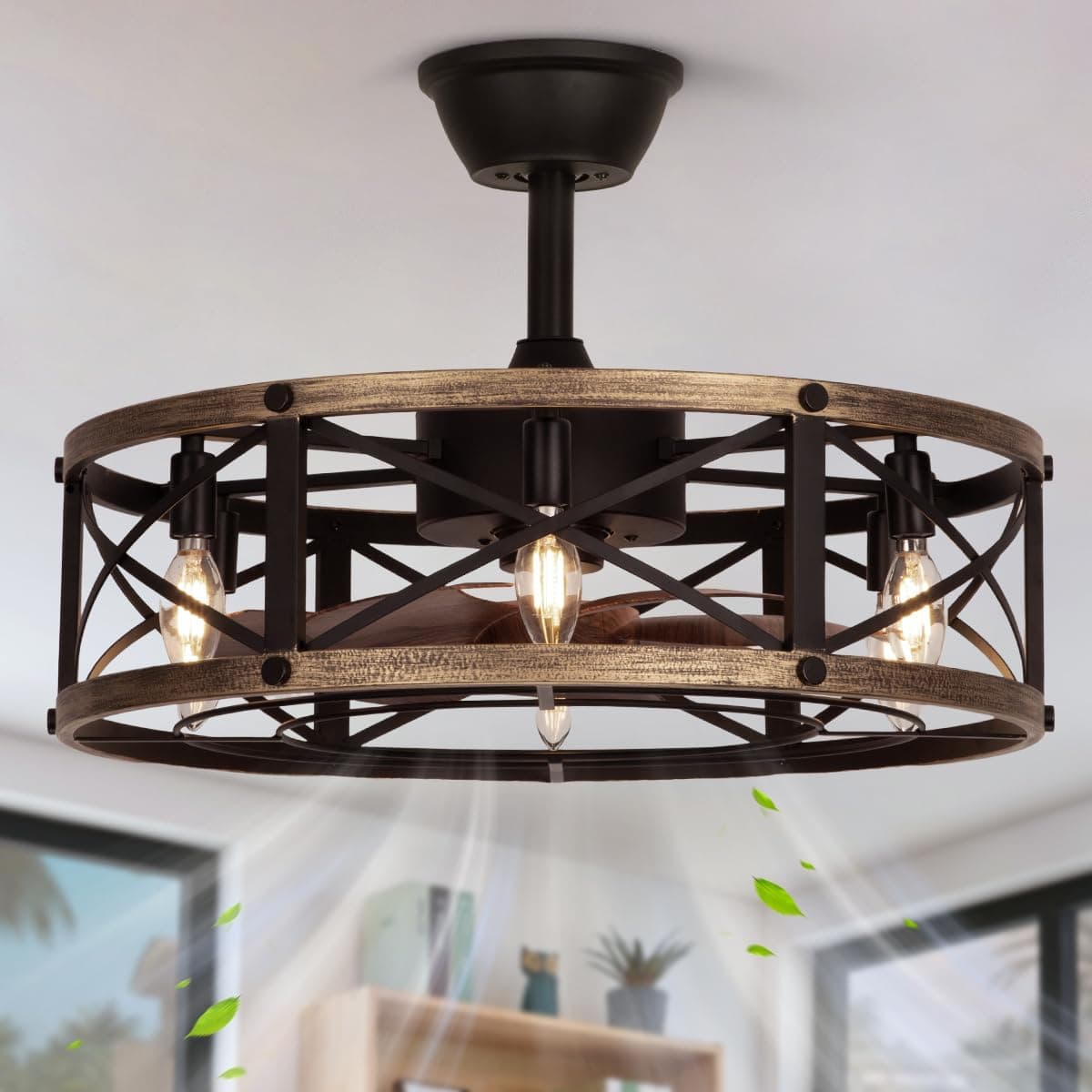 SHLUCE 22 Inch Farmhouse Fandelier Ceiling Fan with Integrated Light Fixture, Remote Control Operation, ETL Listed Safety and Rustic Home Decor Style