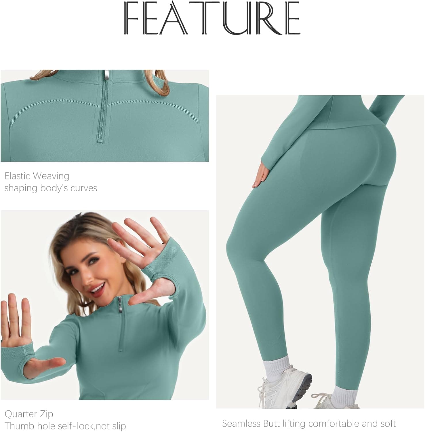 Womens 2-Piece Workout Set with Quarter Zip Long Sleeve Pullover, High Waisted Compression Seamless Leggings, Moisture-Wicking Fabric and Thumb-Holes — 4 of 5