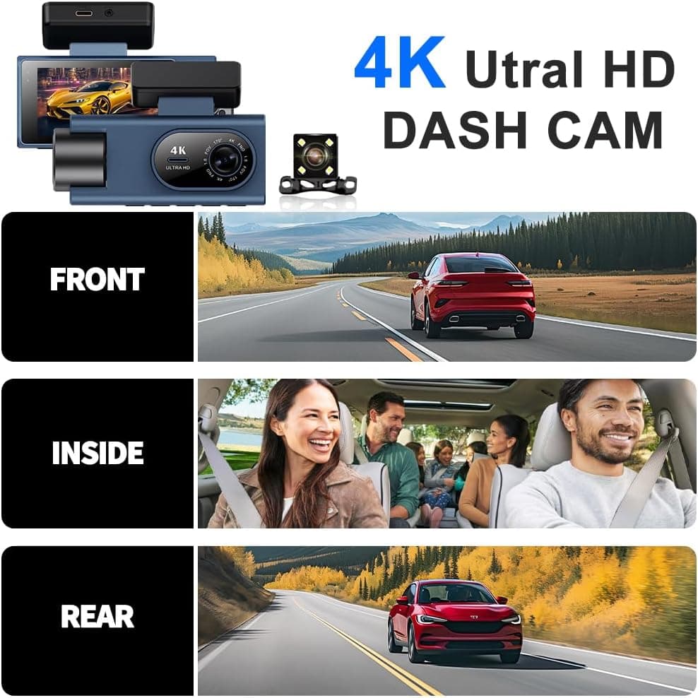3-Channel 4K Full HD Dash Cam with Front Rear and Inside Cabin Coverage, Night Vision, Wide Angle Lenses and Loop Recording Protection — 3 of 5