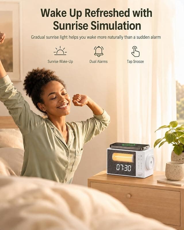 Sunrise Alarm Clock with Sound Machine Wake Up Light Wireless Charger Bluetooth Speaker Natural Sleep Aid and Dual Alarms for Heavy Sleepers — 3 of 5