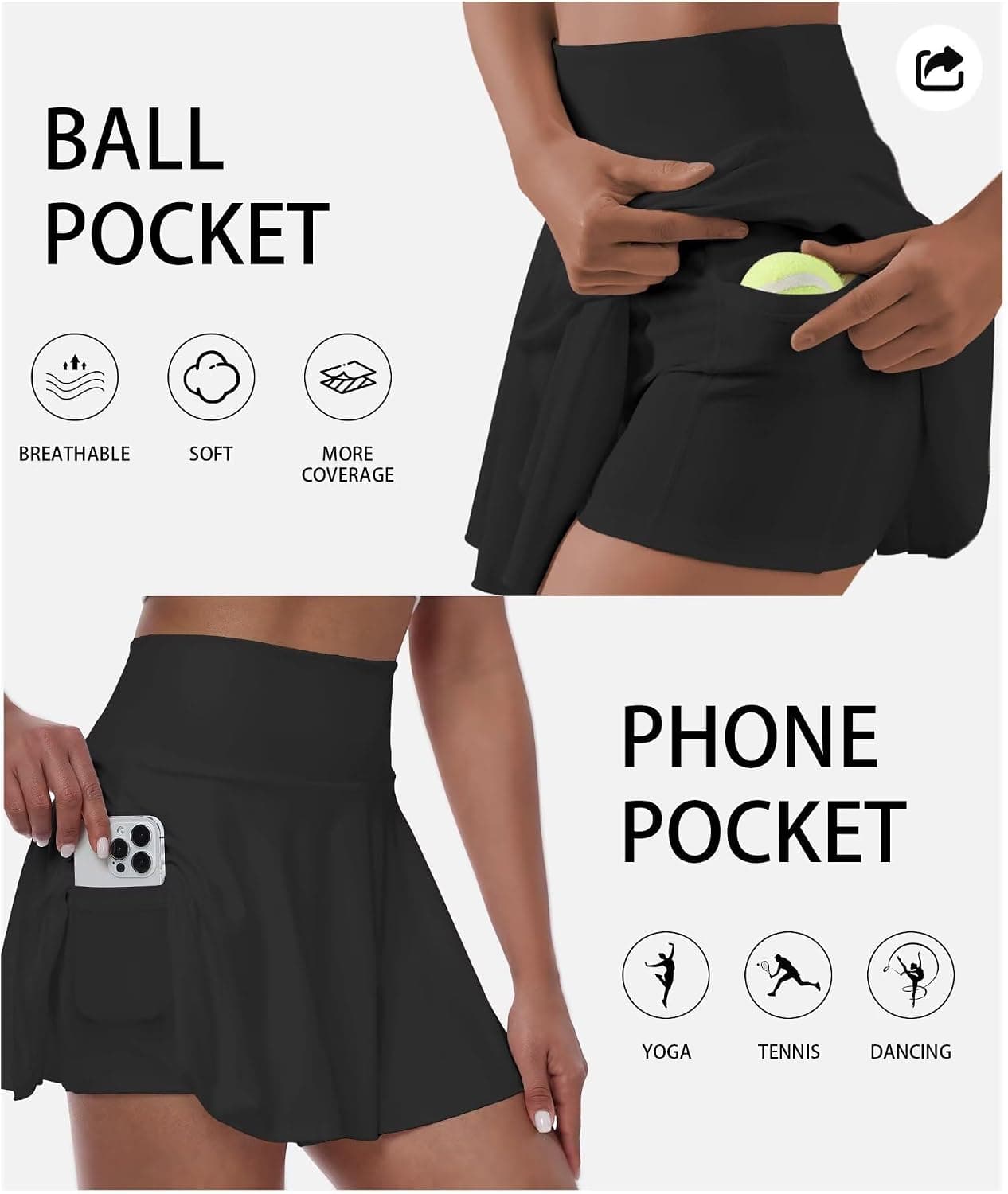 Womens Tennis Skirt with Built-In Shorts, Moisture Wicking Athletic Fabric, High Waisted Fit, Secure Pocket Design and Flexible Stretch Movement — 3 of 5