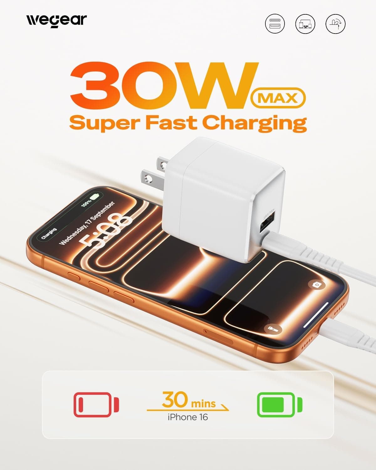 30W Dual-Port USB-C Wall Charger with Fast Charging Technology, Compact Travel Design, Foldable Plug, and Overcurrent Protection for Phones and — 2 of 4
