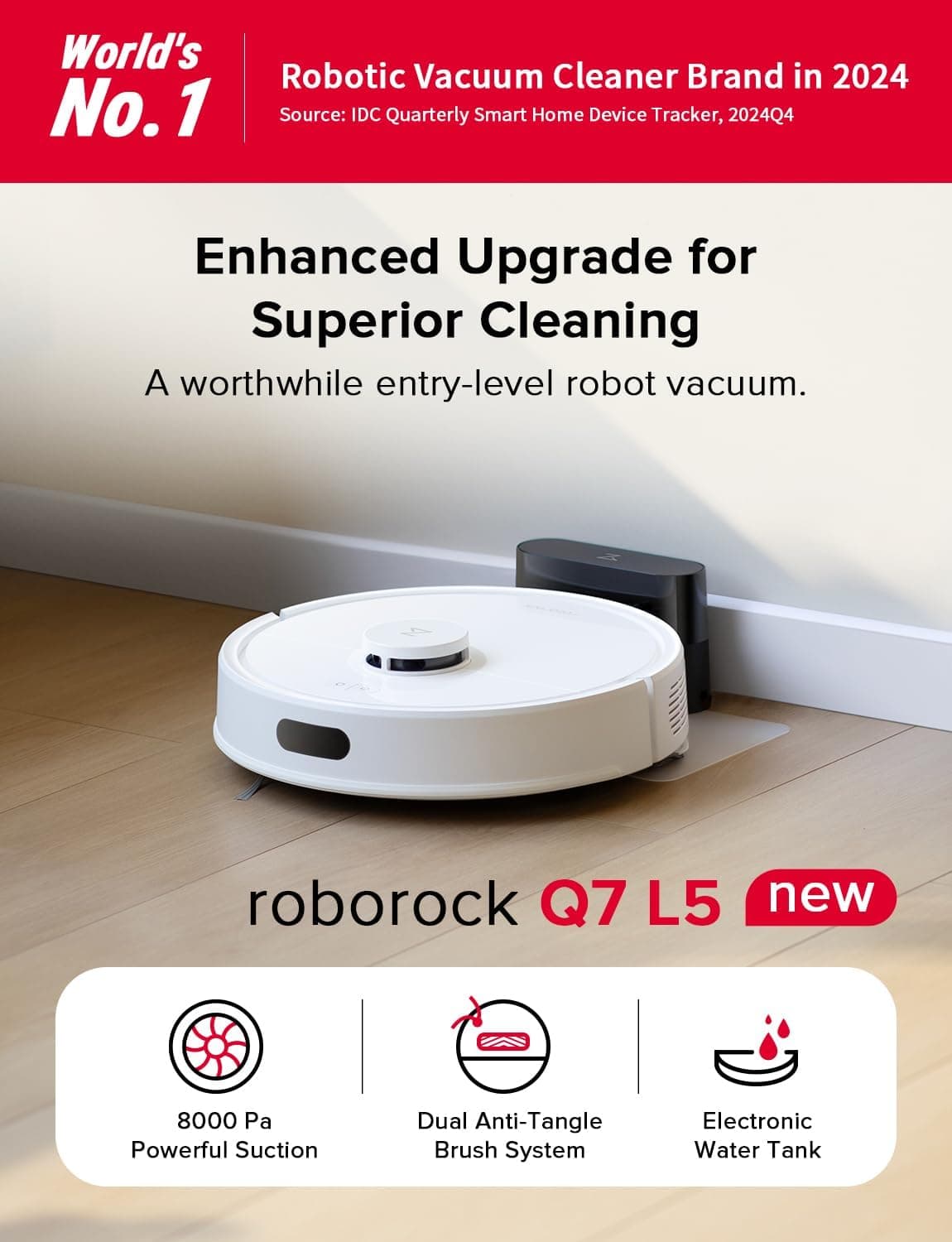 roborock Q7 L5 Robot Vacuum and Mop Combo with Powerful 8,000Pa Suction, Dual Cleaning Functions, and Smart Navigation Features for Modern Homes — 2 of 5