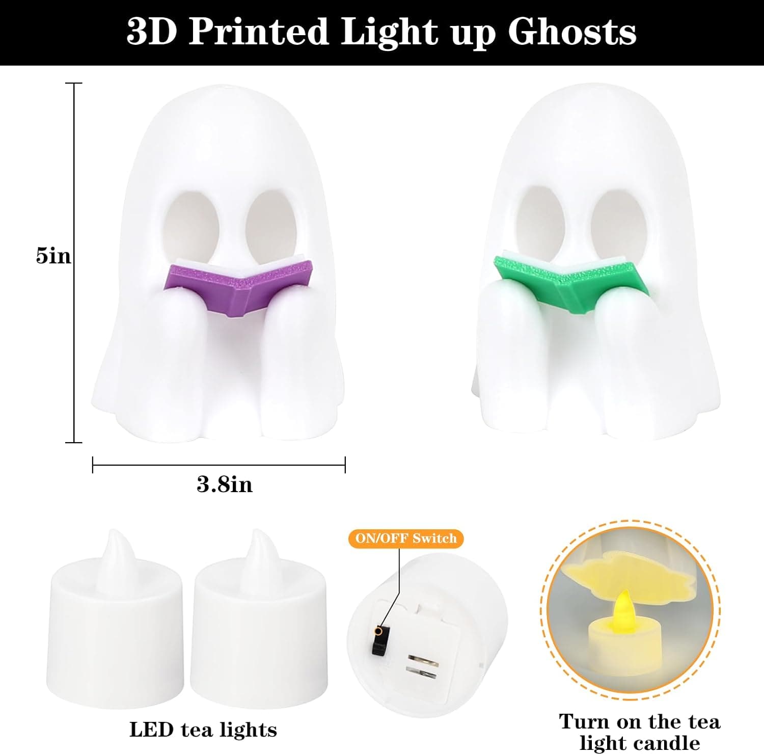 3D Printed LED Reading Ghost 2 Pack Glow Spooky Decor Night Light Cute Miniature Figurine for Desk Room Shelf Halloween Ambiance — 4 of 5