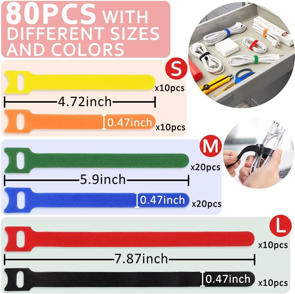 Reusable Multicolor Hook and Loop Cable Ties in Assorted Sizes for Cord Management, Wire Organization, and Home Office Organization — 5 of 5