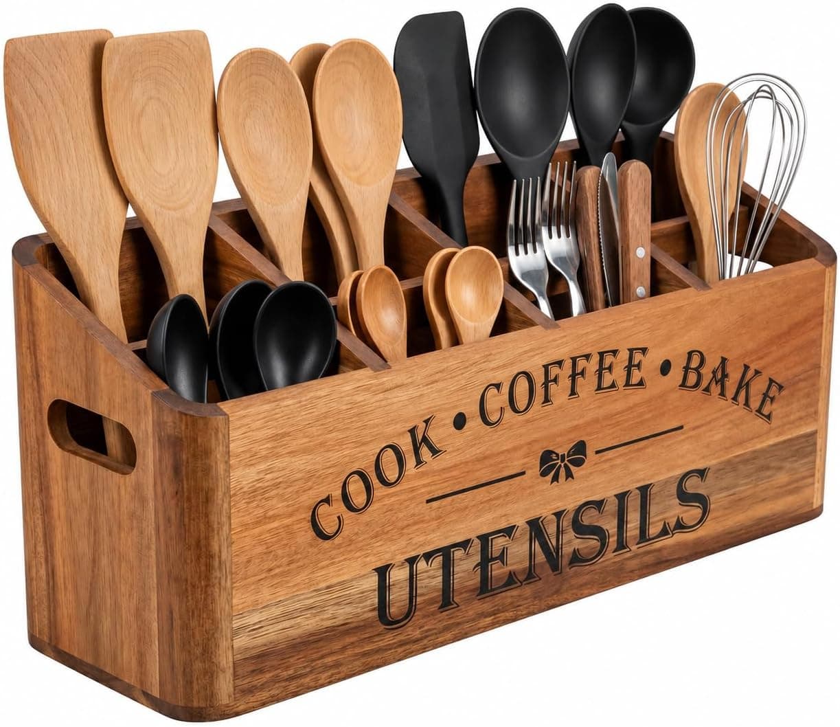 YanKiTour Acacia Wood Utensil Holder with 4 Compartments for Countertop or Wall Mounting Organizes Kitchen Spatulas Cutlery and Cooking Tools — 1 of 5