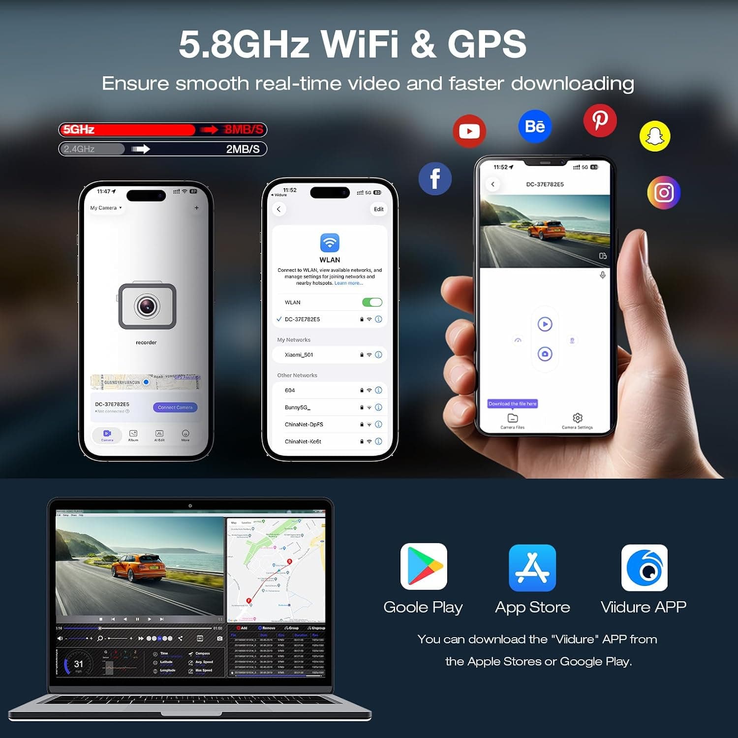 Beferich 4K Front and 2.5K Rear Dual Dash Cam with Built-In GPS, 5GHz WiFi, 64GB Card Included, Superior Night Vision and Smart App Control — 4 of 5