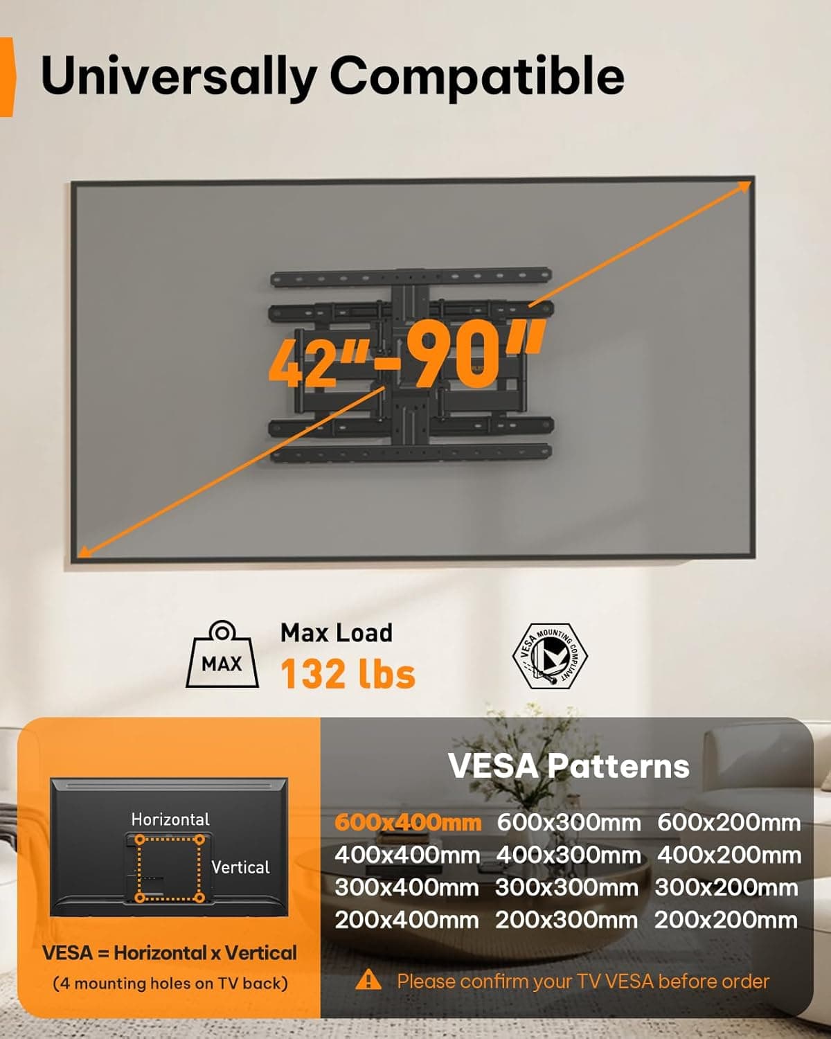 Ultra Slim TV Wall Mount for 42 to 90 Inch Televisions, Heavy Duty 132 Pound Capacity, Low Profile Design and Easy Installation Hardware Kit Included — 3 of 5