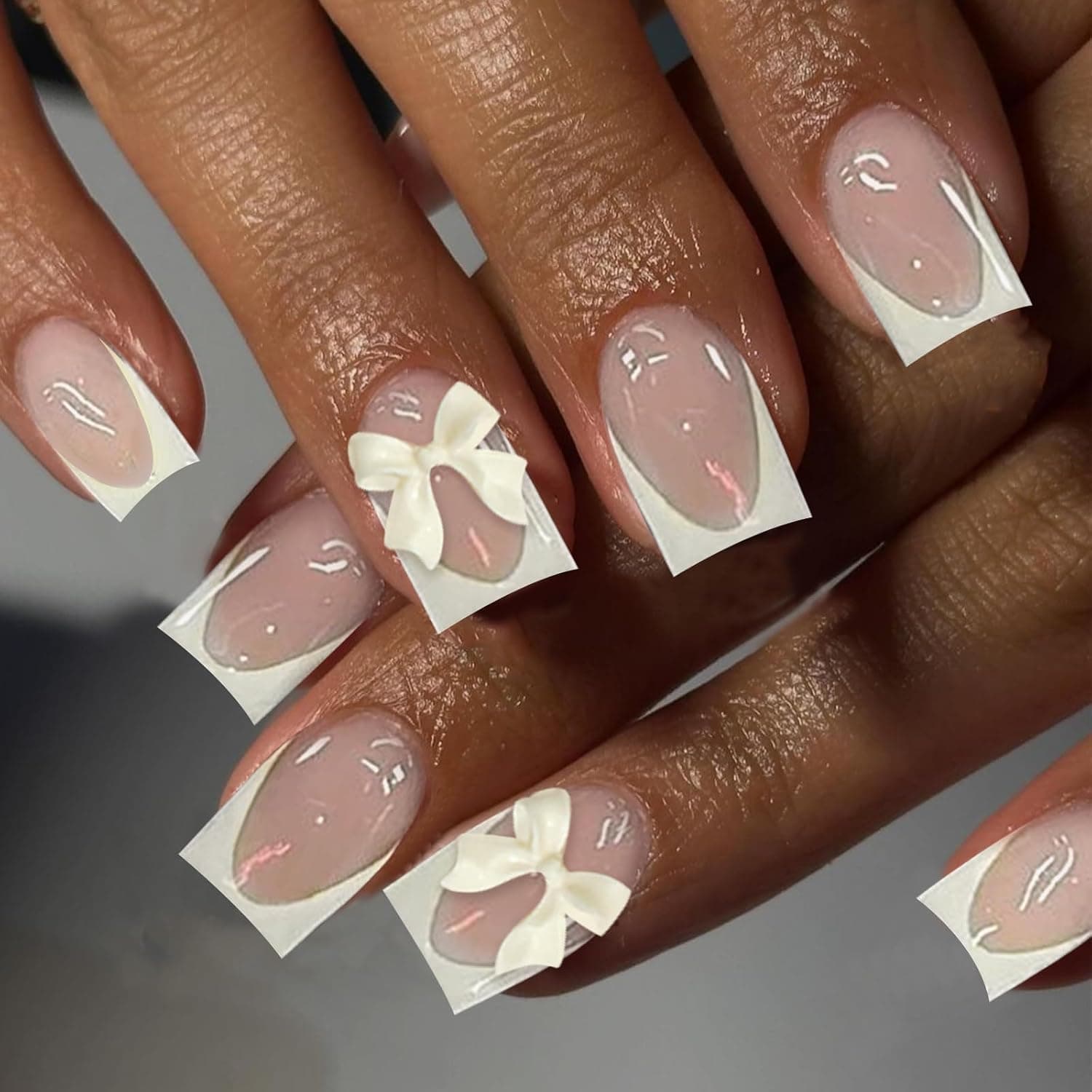 Milky Yellow French Tip Press on Nails Short Square Acrylic Fake Nails with Glue 24PCS Nude Cute 3D Cream Bow Design