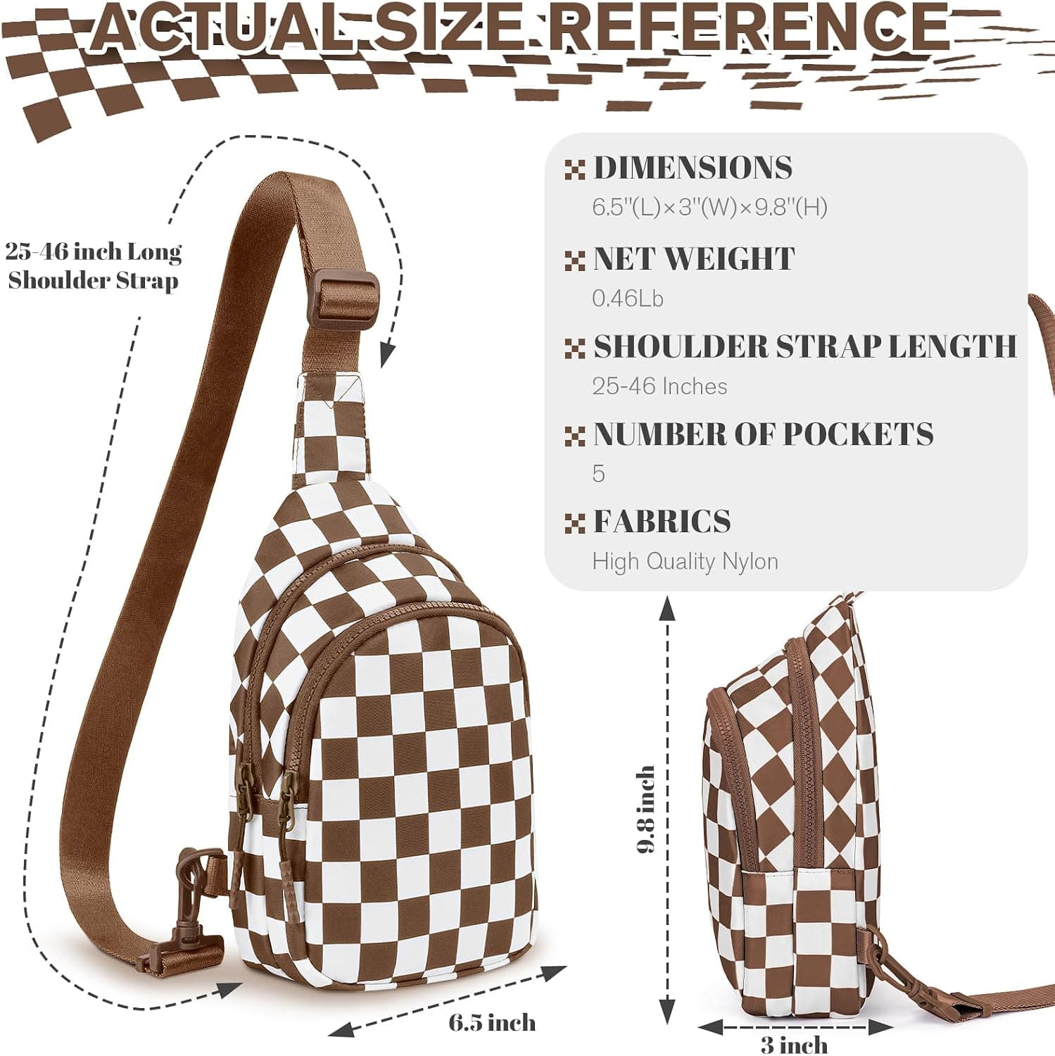 Checkered Womens Sling Bag with Adjustable Strap, Multiple Zippered Compartments, Compact Profile, and High-Quality Durable Materials — 4 of 5