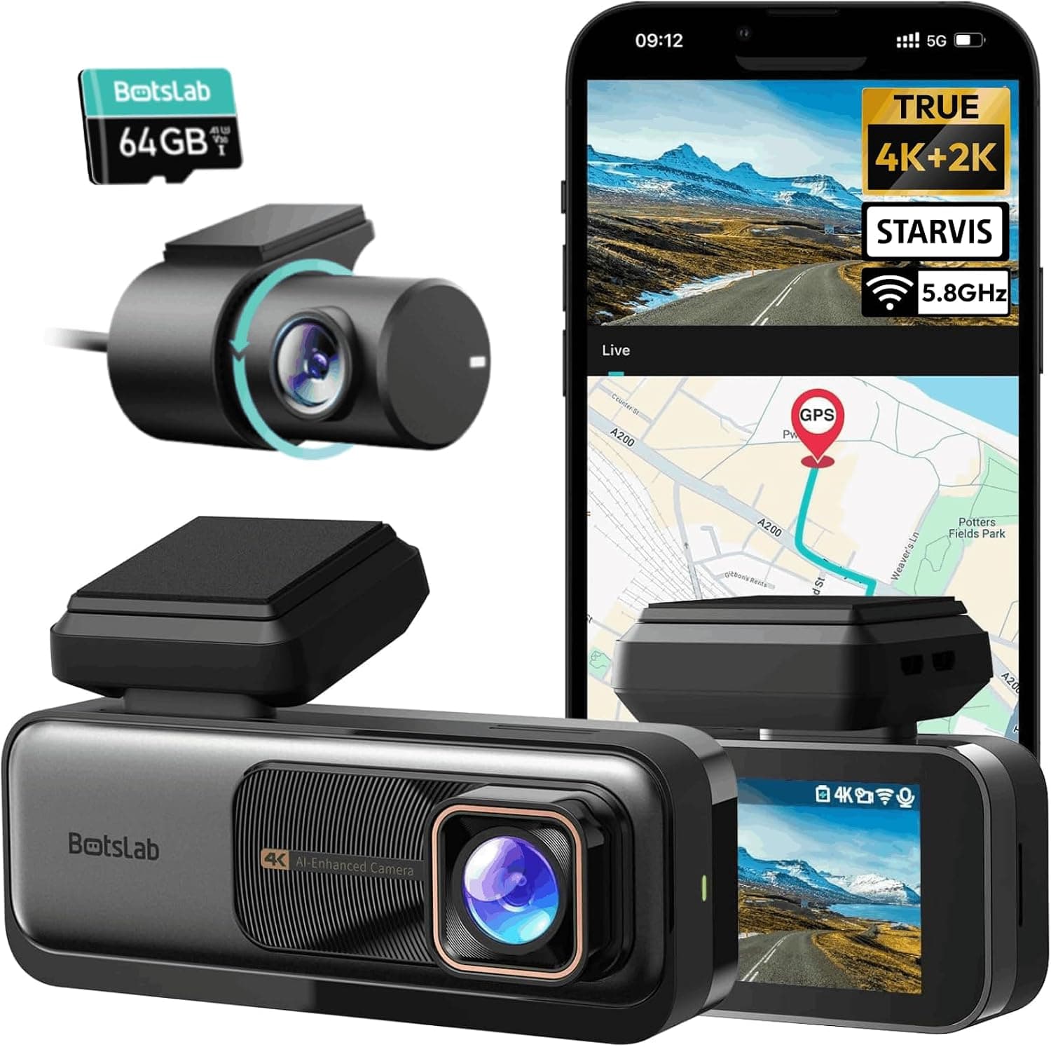 BOTSLAB G980H 4K STARVIS Dash Cam Front and Rear with 64GB Card, 2026 Upgraded Ultra HD Recording, Night Vision and Wide-Angle Lens Protection — 1 of 5