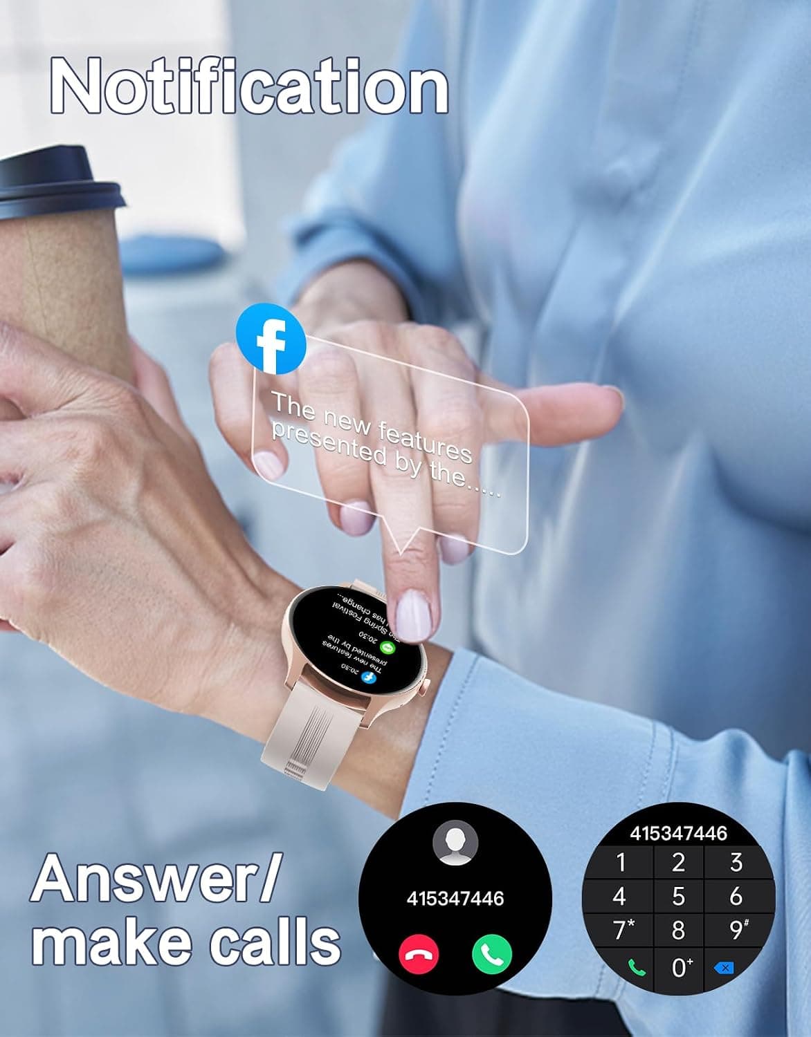 HUAKUA Smart Watch for Women and Men with Bluetooth Call Answering and Making, Fitness Tracker for iPhone and Android in Cream — 2 of 5