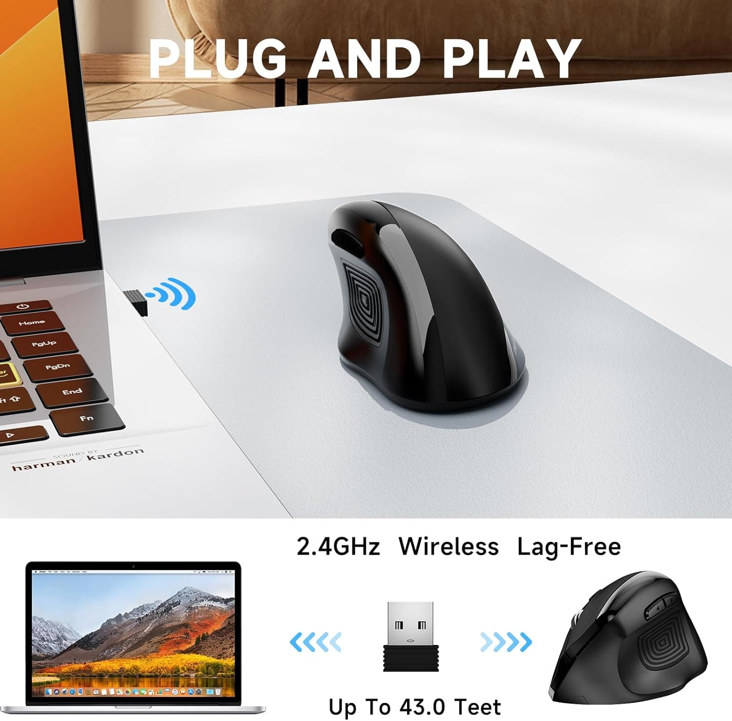 memzuoix Ergonomic Wireless Mouse 2.4G Optical Cordless with Adjustable 800 1200 1600 DPI, Vertical Computer Design for Laptop, PC, Mac, Desktop — 4 of 5