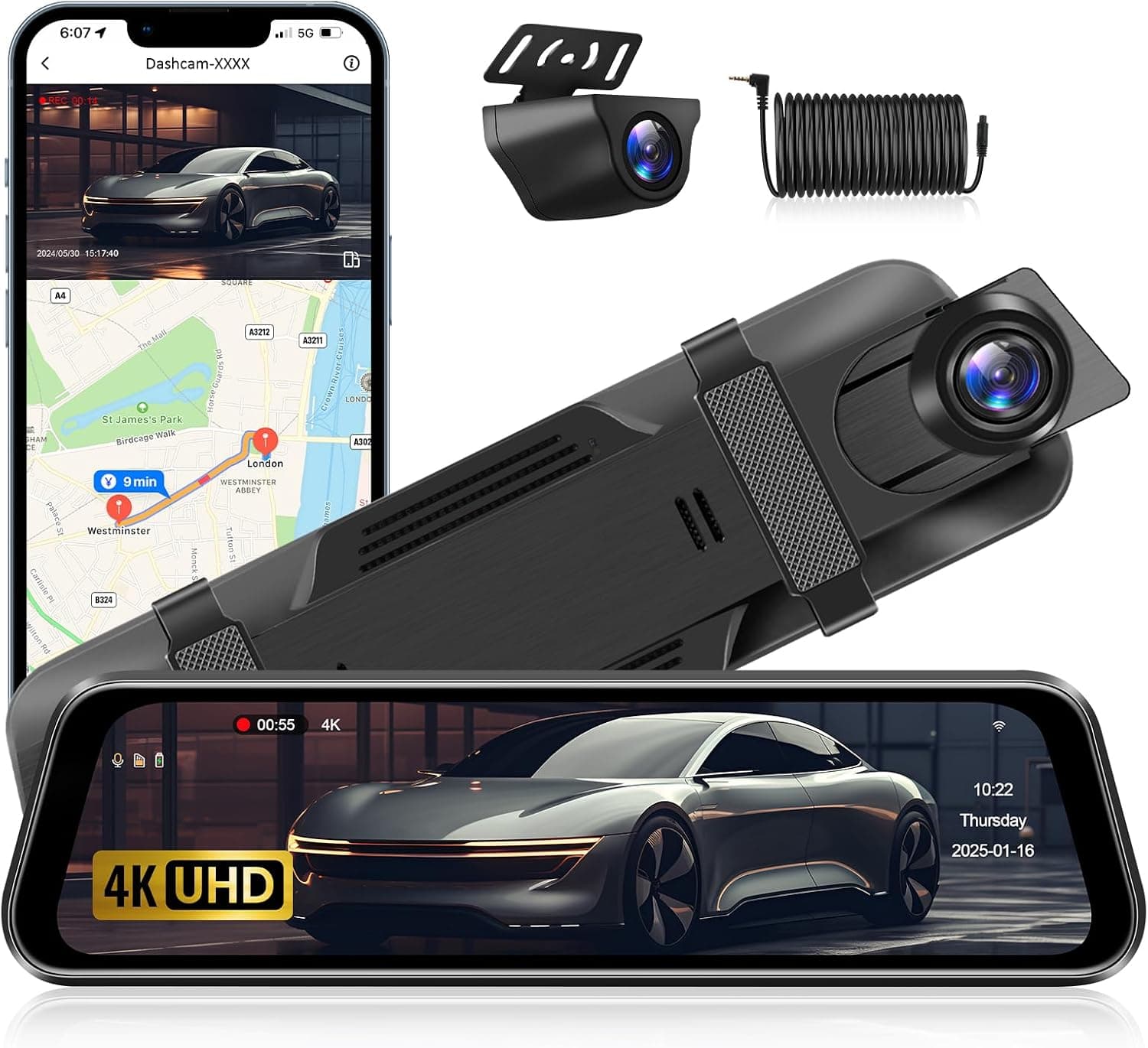 4K WiFi Rear View Mirror Camera 10 Inch Mirror Dash Cam Front and Rear with Ultra HD Recording, Night Vision and Loop Recording