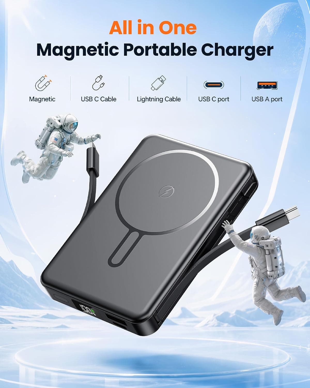 Magnetic 10000mAh Portable Charger with Built-In Cables, Fast Charging Power Bank, Compact Wireless Battery Pack and Foldable Stand Design — 2 of 4