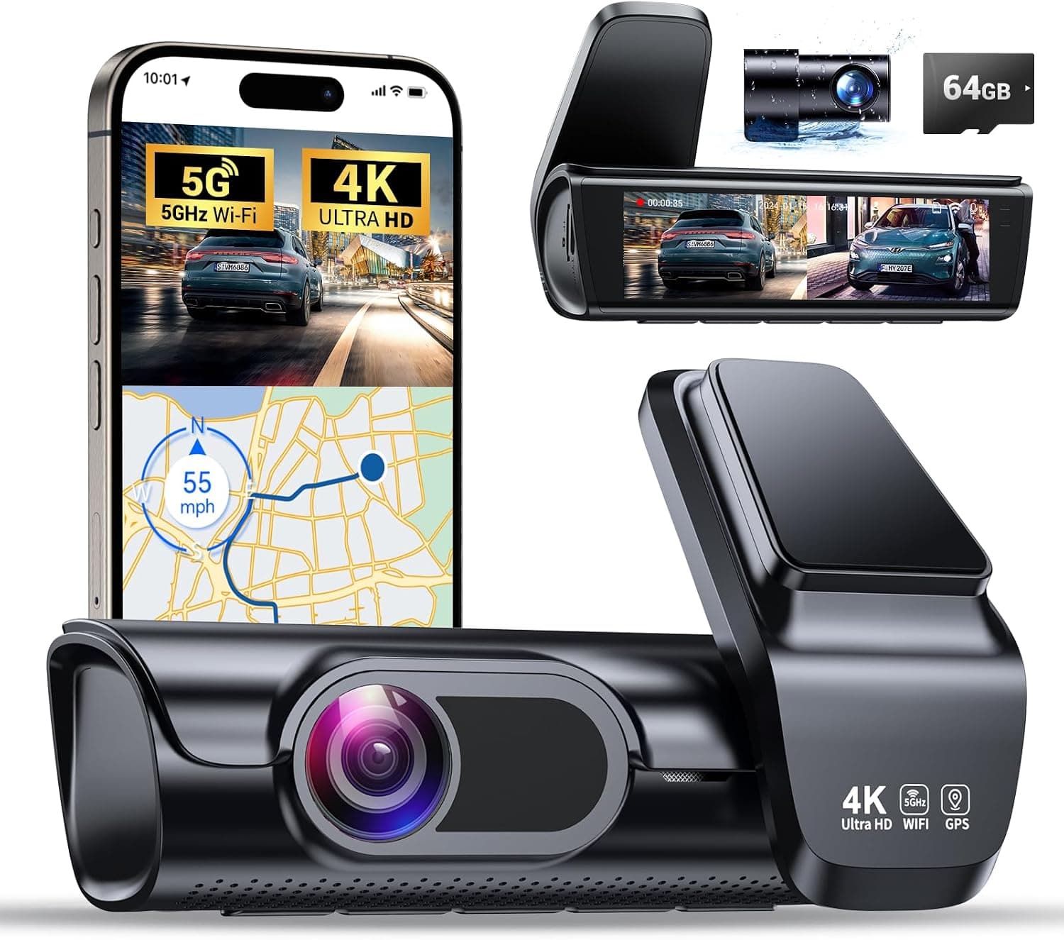 K600 4K Front and Rear Dash Cam with 3.59 Inch IPS Screen, Built-In GPS, 5G WiFi, UHD 2160P Night Vision, 64GB SD Card and 170 Degree Wide Angle Lens — 1 of 5
