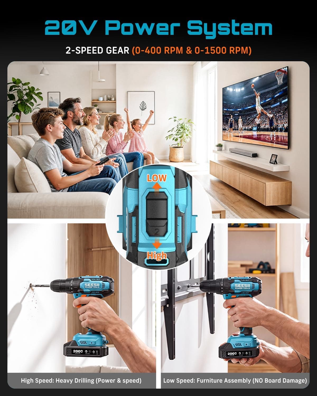 Seesii 20V Cordless Power Drill Set with 183 Pieces, 18+1 Precise Clutch Control, Two-Speed Gearbox and Flexible Shaft for Home Repair — 4 of 5