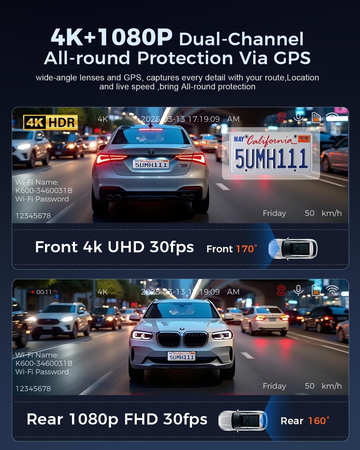K600 4K Front and Rear Dash Cam with 3.59 Inch IPS Screen, Built-In GPS, 5G WiFi, UHD 2160P Night Vision, 64GB SD Card and 170 Degree Wide Angle Lens — 5 of 5