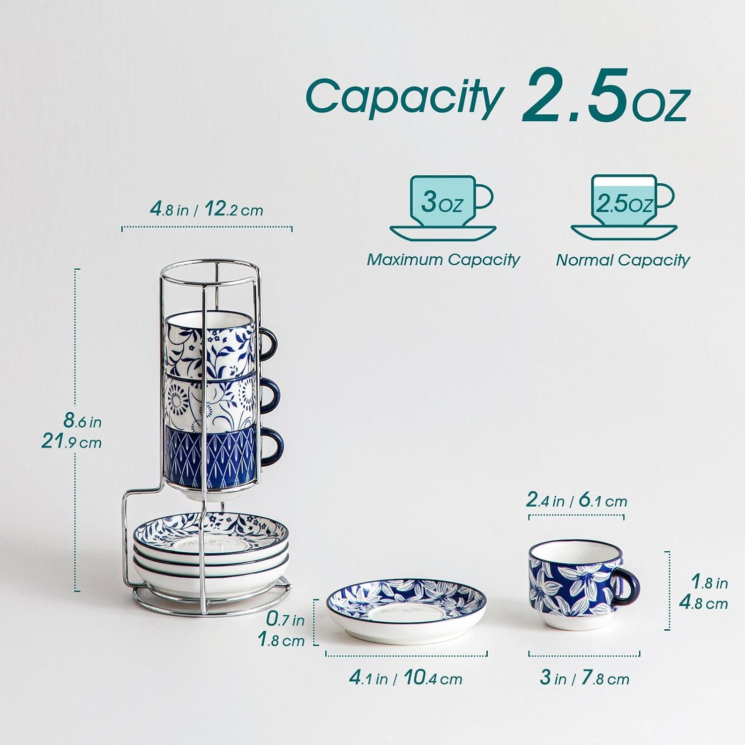 Vancasso 4-Pack 2.5 oz Espresso Cups and Saucers with Metal Stand, Stackable Design, Microwave-Safe Ceramic Porcelain and Classic Floral Pattern — 4 of 5