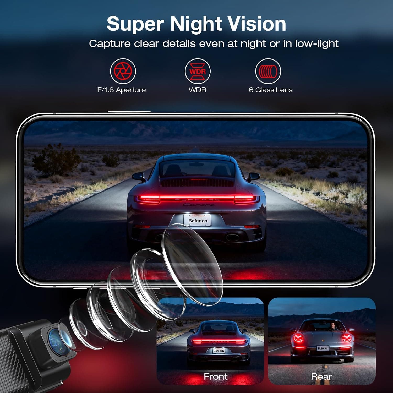 Beferich 4K Front and 2.5K Rear Dual Dash Cam with Built-In GPS, 5GHz WiFi, 64GB Card Included, Superior Night Vision and Smart App Control — 5 of 5