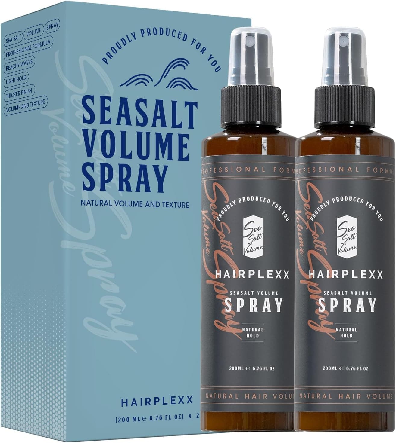 Hairplexx Sea Salt Volume Hair Spray in a 6.76 Fl Oz Pack of 2, Offering Beachy Waves, Texture, Strong Hold, and Lightweight Formula for All Hair