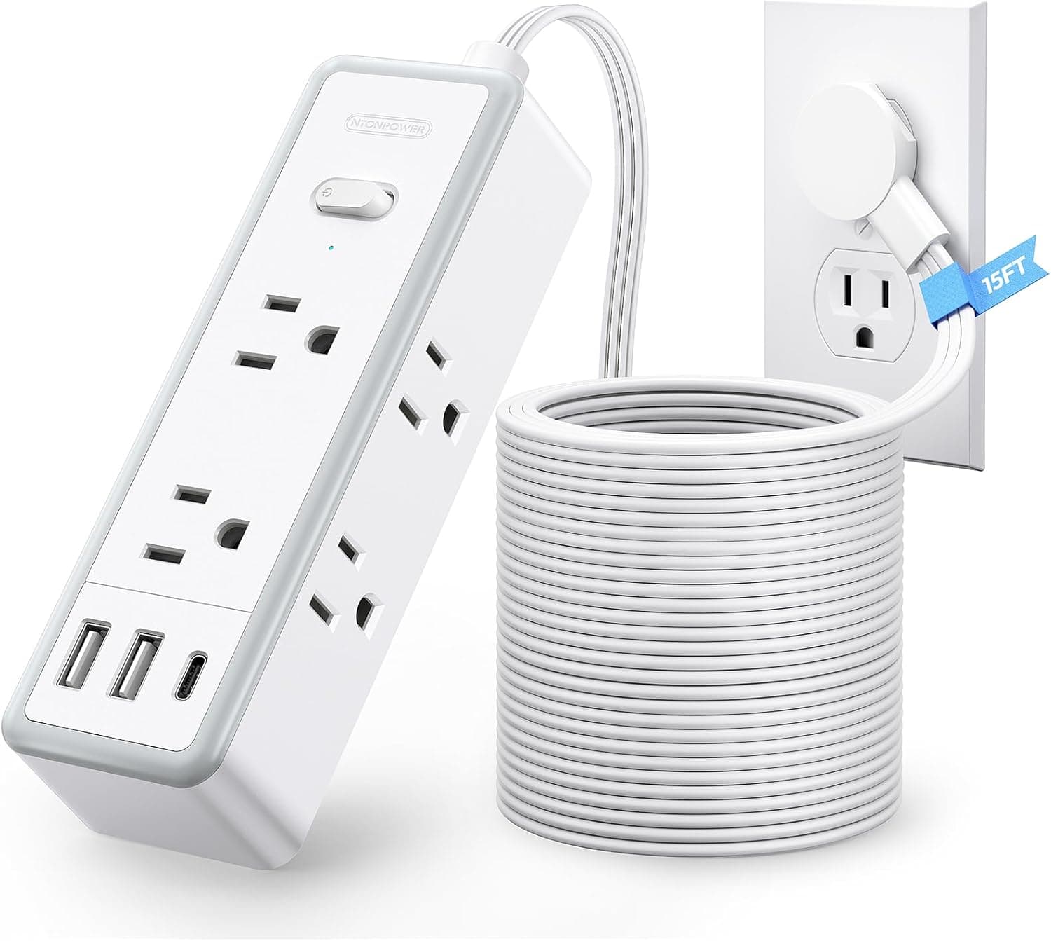 15ft Flat Extension Cord with 6 AC Outlets, 3 USB Ports Including USB-C, Low-Profile Right Angle Plug, and Mountable Braided Power Strip Design — 2 of 5