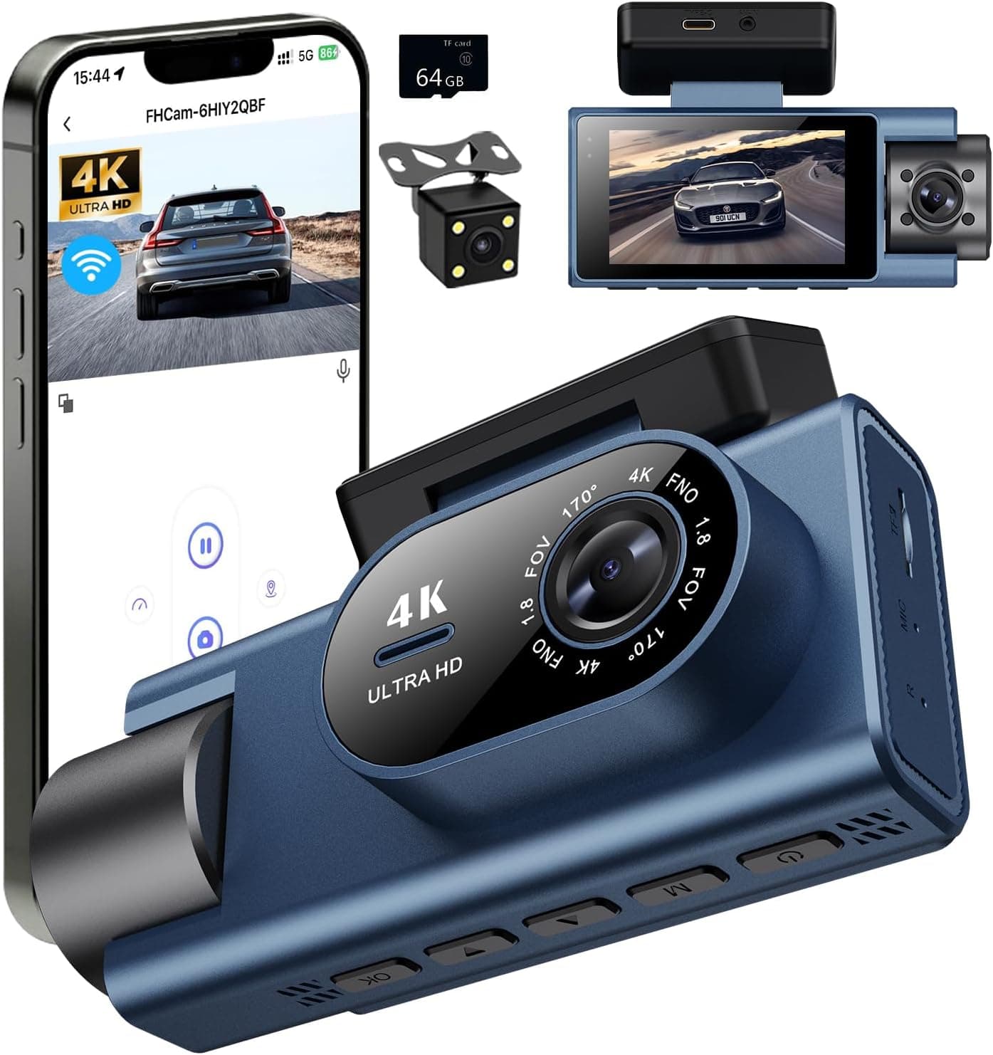 3-Channel 4K Full HD Dash Cam with Front Rear and Inside Cabin Coverage, Night Vision, Wide Angle Lenses and Loop Recording Protection — 2 of 5