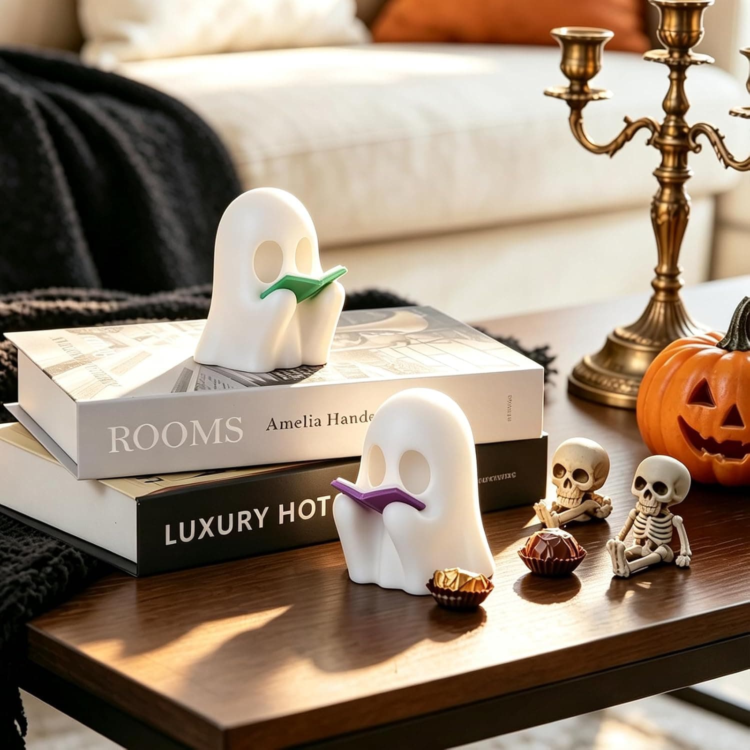 3D Printed LED Reading Ghost 2 Pack Glow Spooky Decor Night Light Cute Miniature Figurine for Desk Room Shelf Halloween Ambiance — 5 of 5