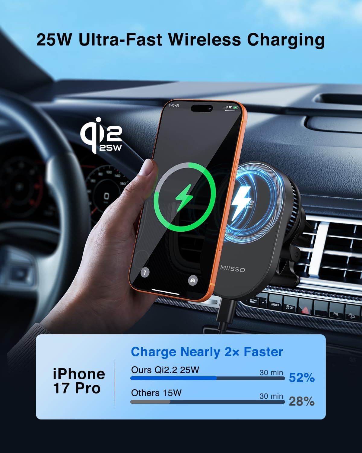 Qi2.2 25W Magnetic Vent Mount Car Charger with TEC Fan Featuring Fast Wireless Charging and Secure Air Vent Grip — 3 of 5