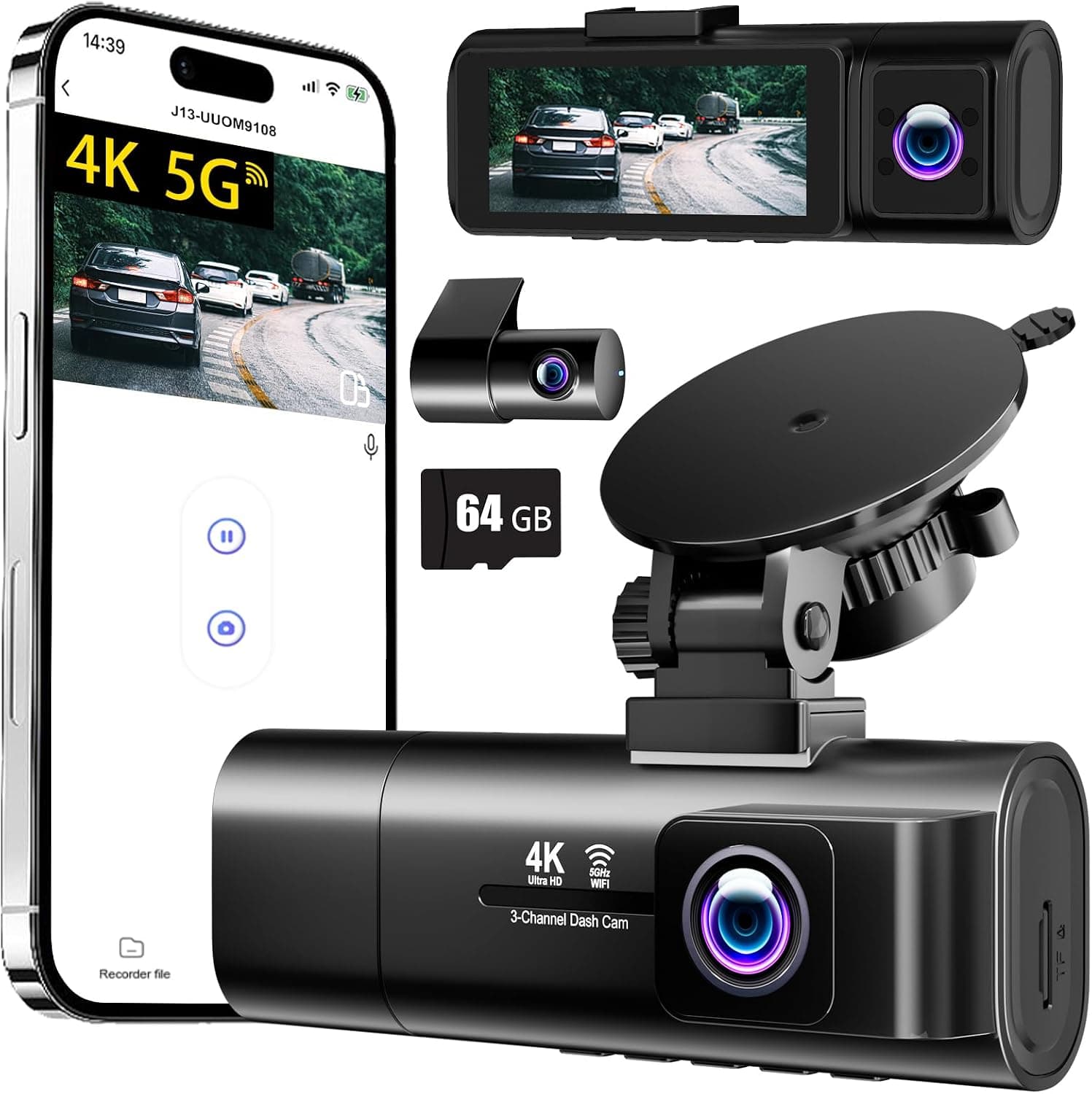 4K Front and Rear 3-Channel Dash Cam with Wide Angle Lens Night Vision Loop Recording and G-Sensor Protection for Ultimate Vehicle Security — 2 of 5