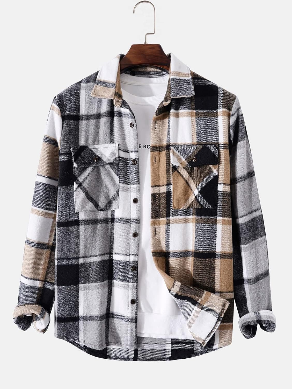 Plaid Flannel Shirt Jacket with Breathable Polyester Fabric, Contrasting Patchwork Print, Long Sleeves and Comfortable Fit for Casual Vacation Wear — 2 of 4