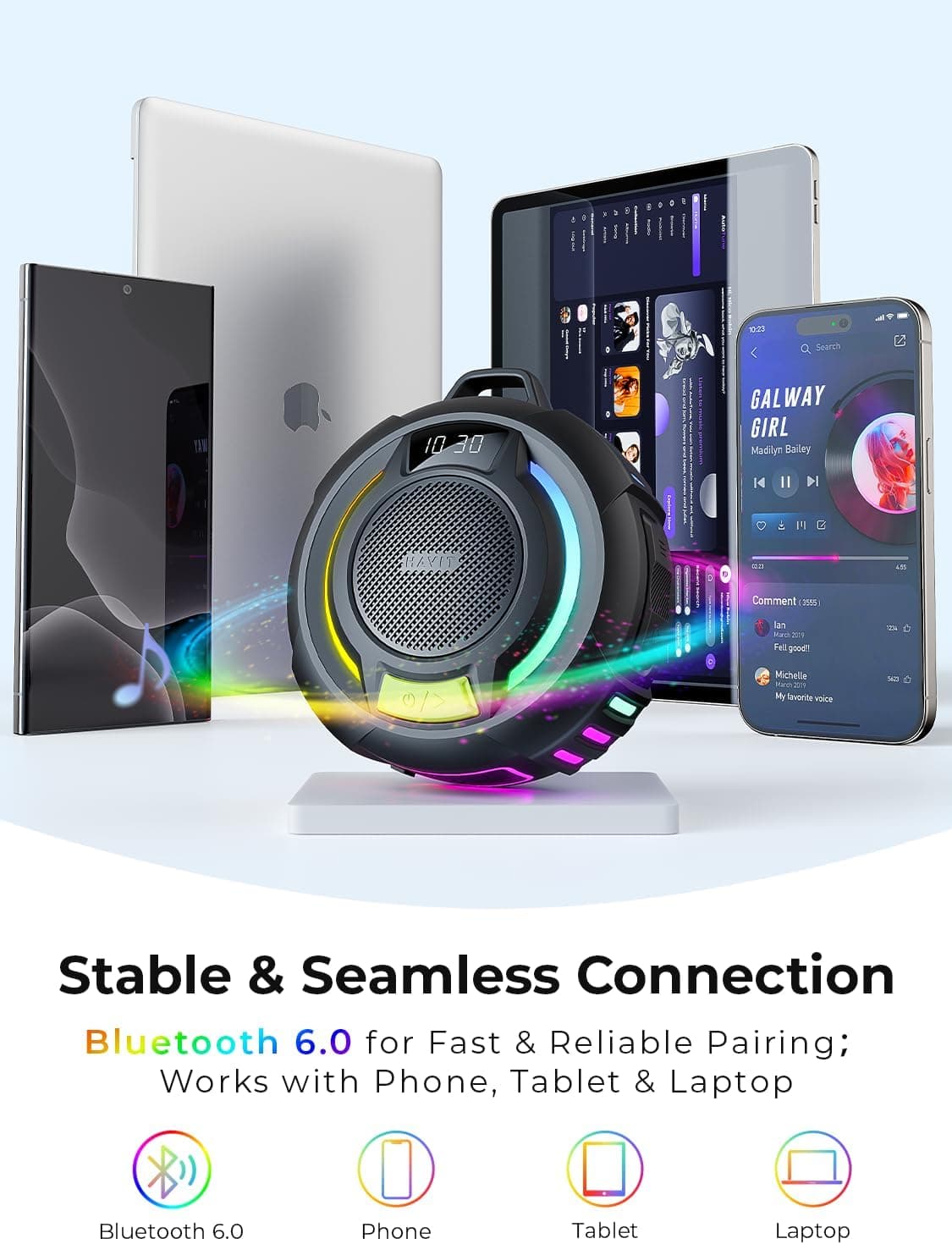 Havit Bluetooth Shower Speaker with IP67 Waterproof Floating Design, Bluetooth 6.0, 18H Playtime, RGB Lights, Clock Display and Hands-Free Calling — 5 of 5