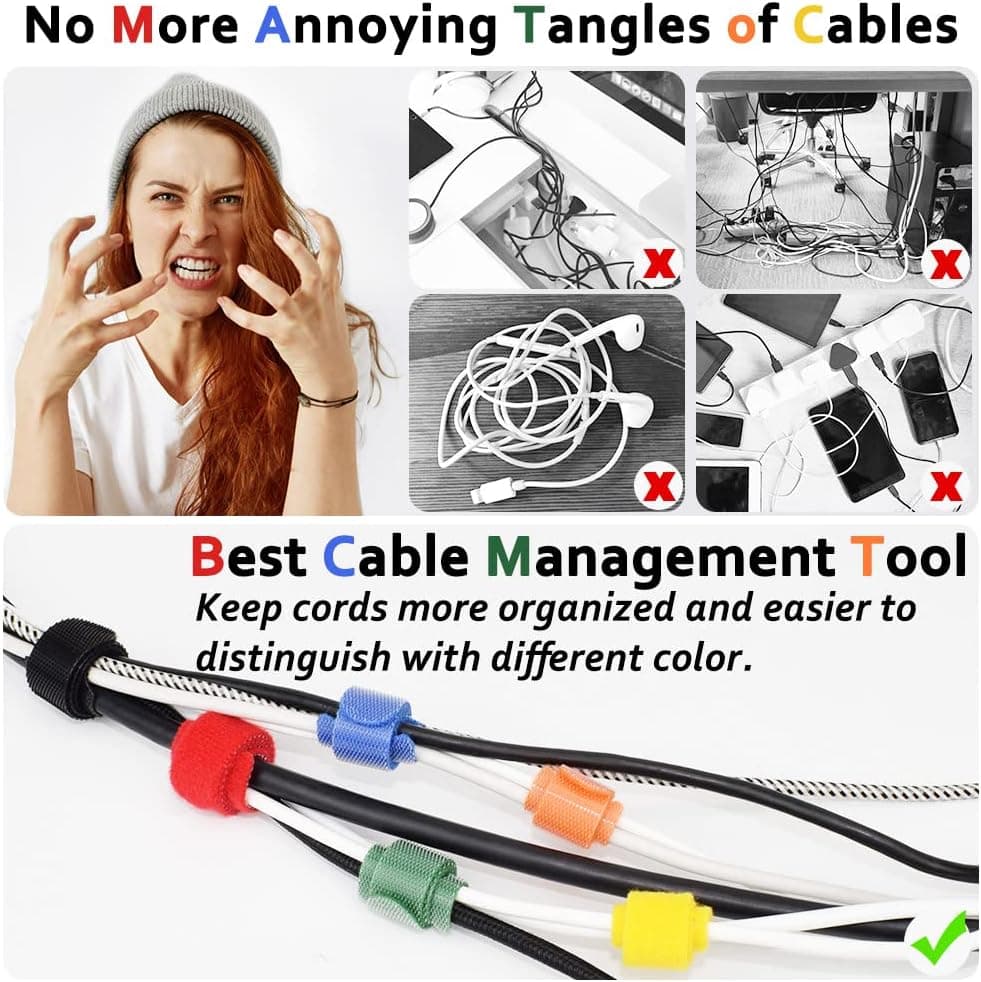 Reusable Multicolor Hook and Loop Cable Ties in Assorted Sizes for Cord Management, Wire Organization, and Home Office Organization — 3 of 5
