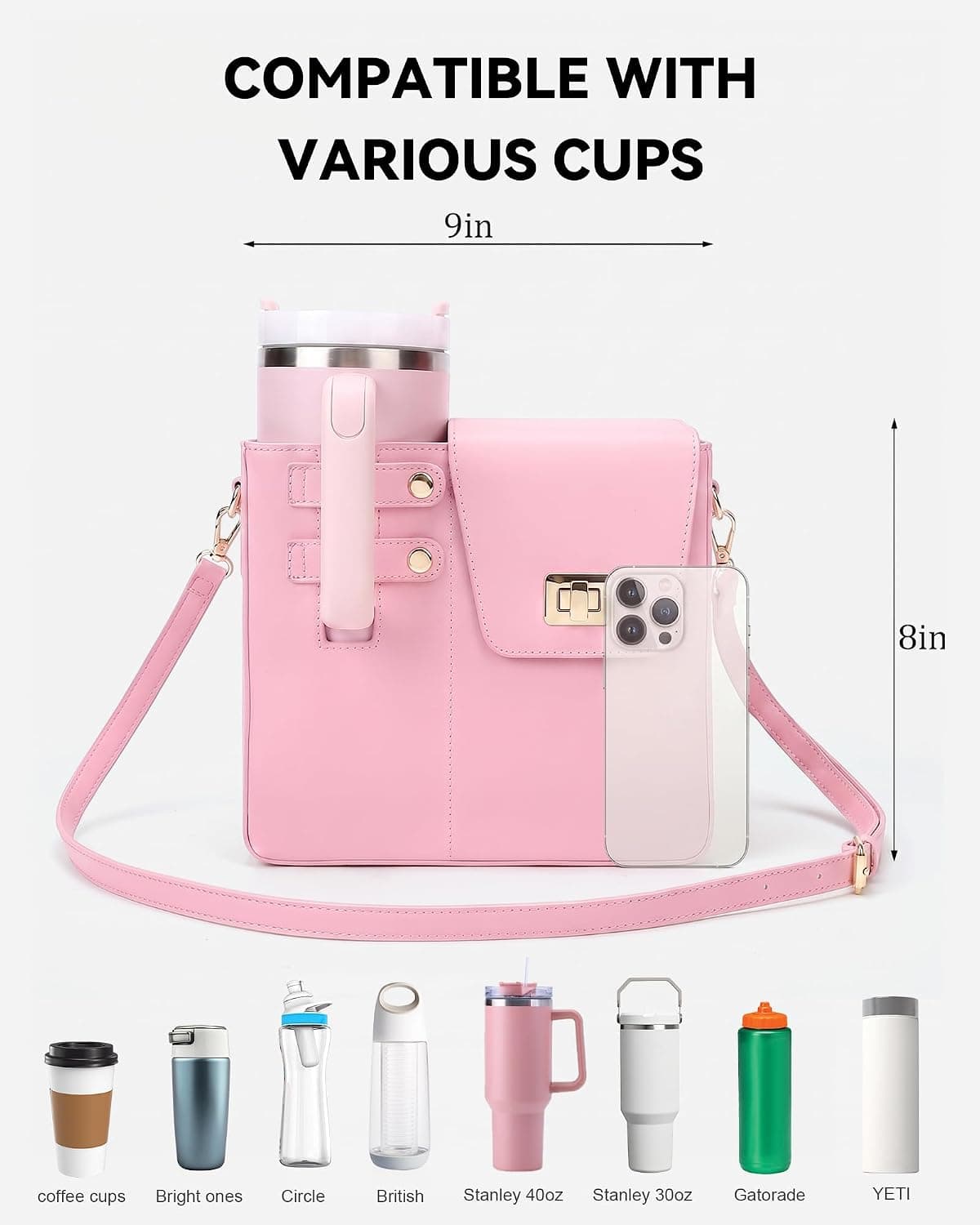 Crossbody Purse for 40oz Tumbler with Water-Resistant PU Leather, Multi-Pocket Organizer, Padded Adjustable Strap and Secure Twist Lock Closure — 4 of 5