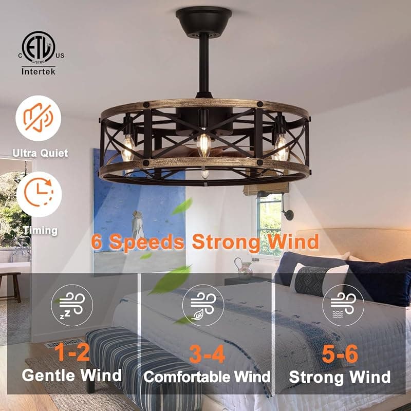 SHLUCE 22 Inch Farmhouse Fandelier Ceiling Fan with Integrated Light Fixture, Remote Control Operation, ETL Listed Safety and Rustic Home Decor Style — 3 of 5