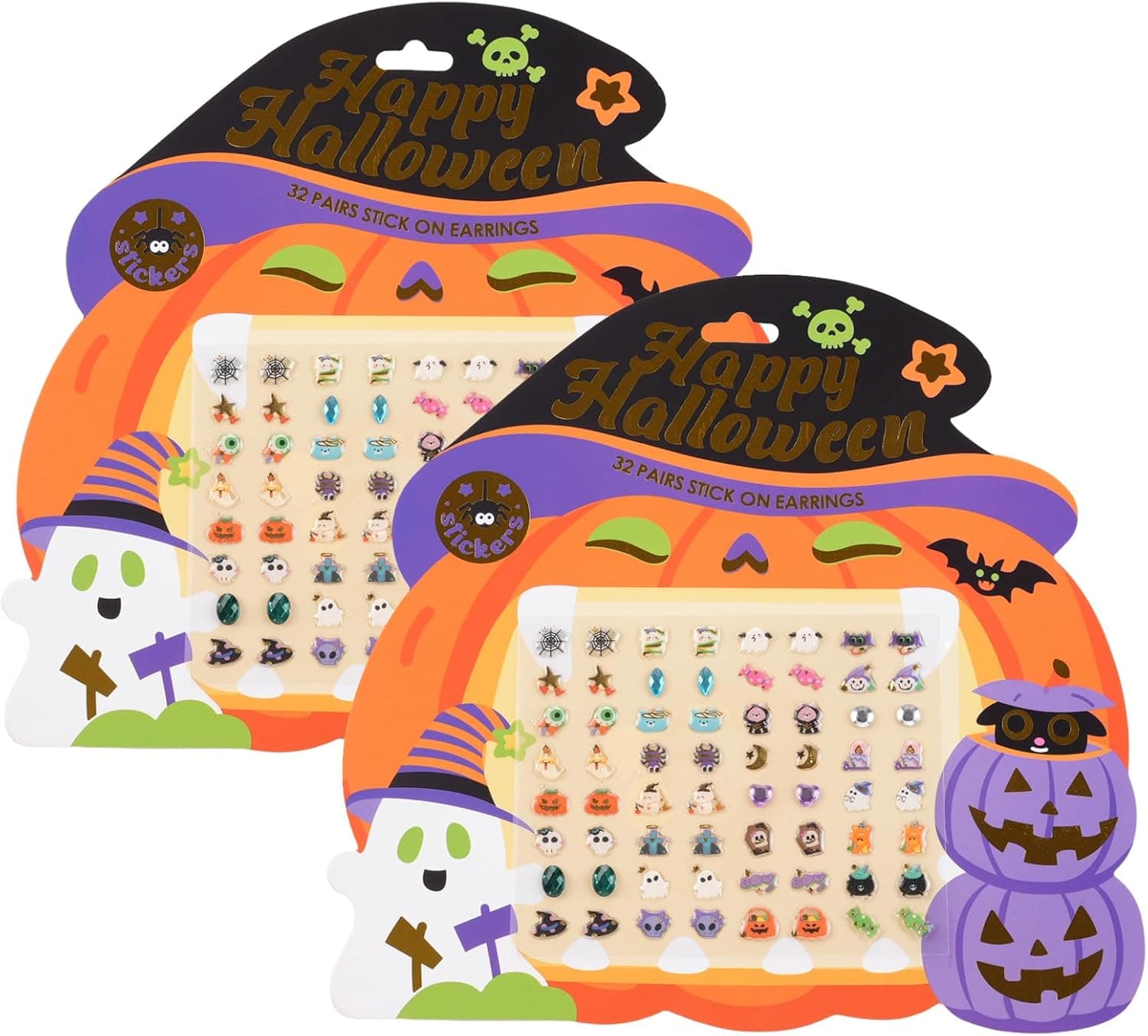 2 Sheets Halloween Sticker Earrings and Stick-on Earrings for Kids with Festive Holiday Designs, Safe Temporary Facial Accessories for Costumes — 1 of 5