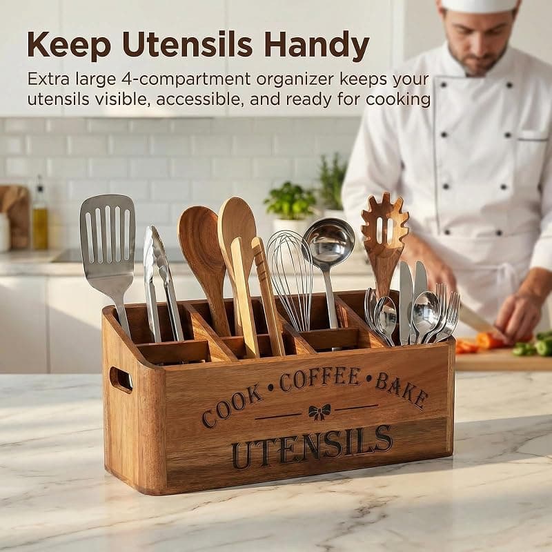 YanKiTour Acacia Wood Utensil Holder with 4 Compartments for Countertop or Wall Mounting Organizes Kitchen Spatulas Cutlery and Cooking Tools — 2 of 5