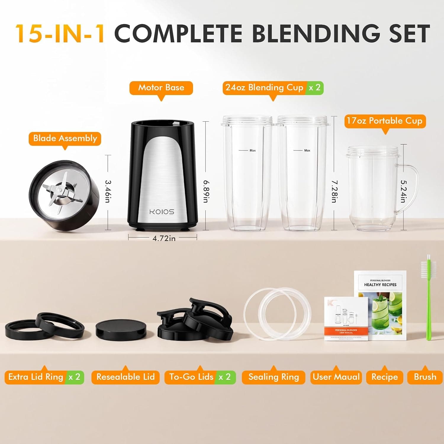 KOIOS 1000W Smoothie Blender 15-in-1 Single Serve Set with Press-Twist Design, Powerful Motor Base and Multiple Interchangeable Cups for Kitchen — 5 of 5