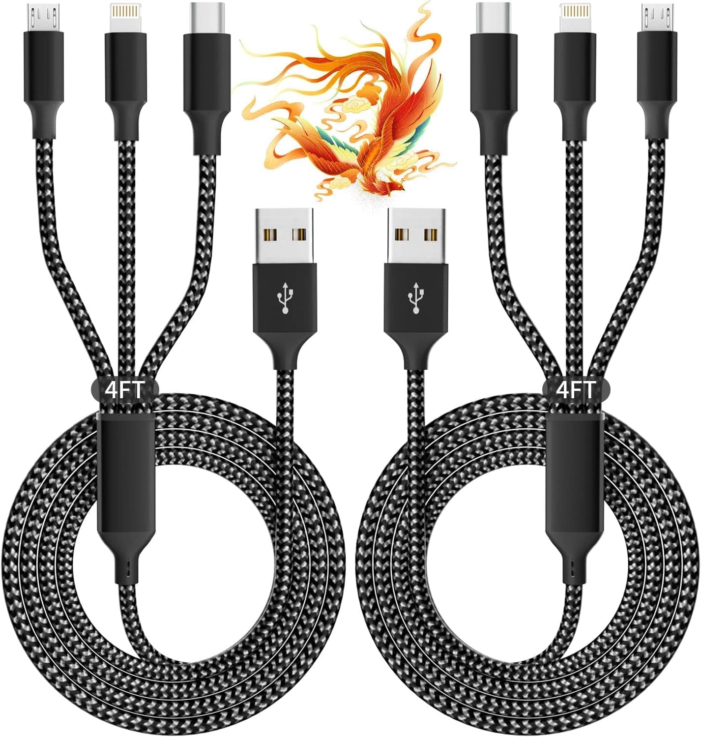 3-in-1 Multi Charging Cable 2 Pack 4ft with Durable Braided Nylon Cord, Fast Speed Universal Connectors, and Portable Travel Design — 2 of 5