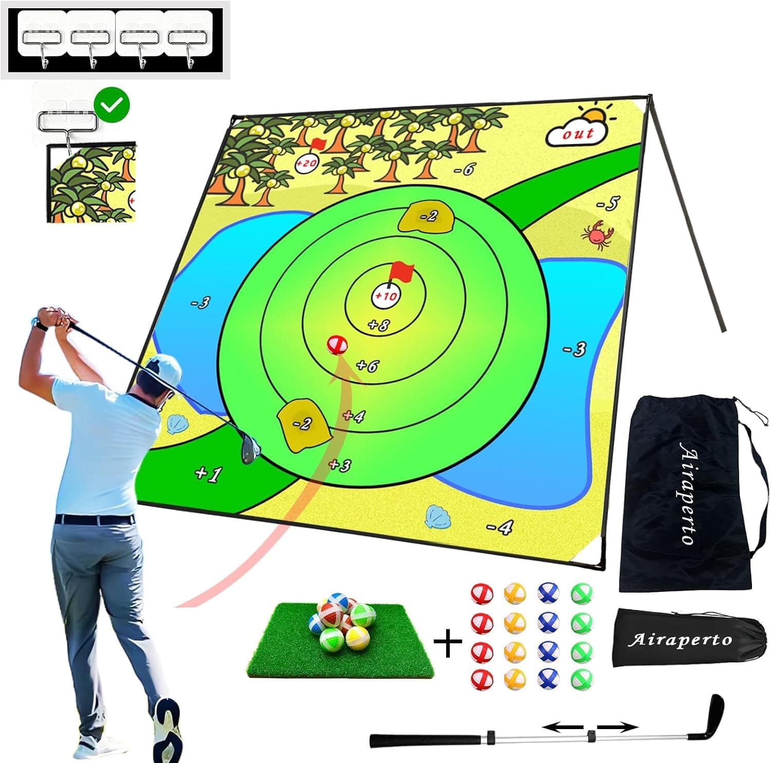 Airaperto Golf Chipping Game with 5 x 5 FT Battle Target Mat Training Set for Indoor and Outdoor Backyard Practice and Skill Building
